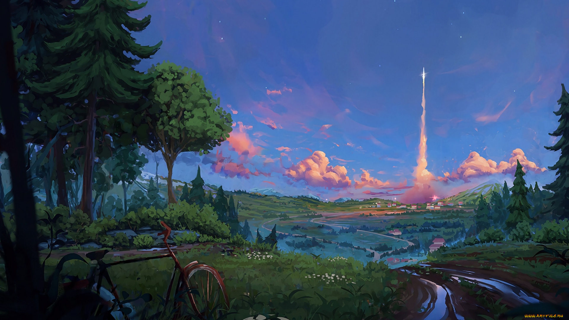 рисованное, денис, истомин, природа, велосипед, небо, облака, старт