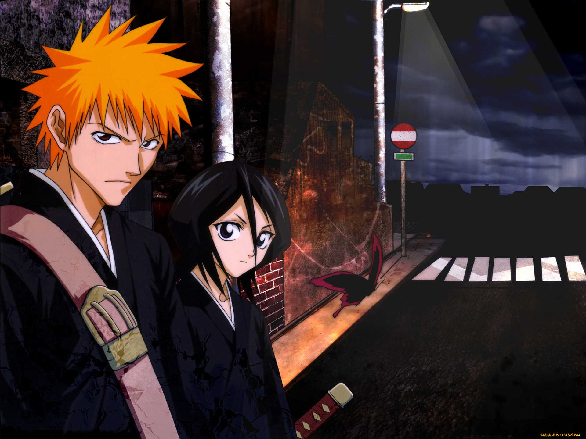 аниме, bleach, kurosaki, ichigo, shinigami, меч, парень, kuchiki, rukia, улица, дорога