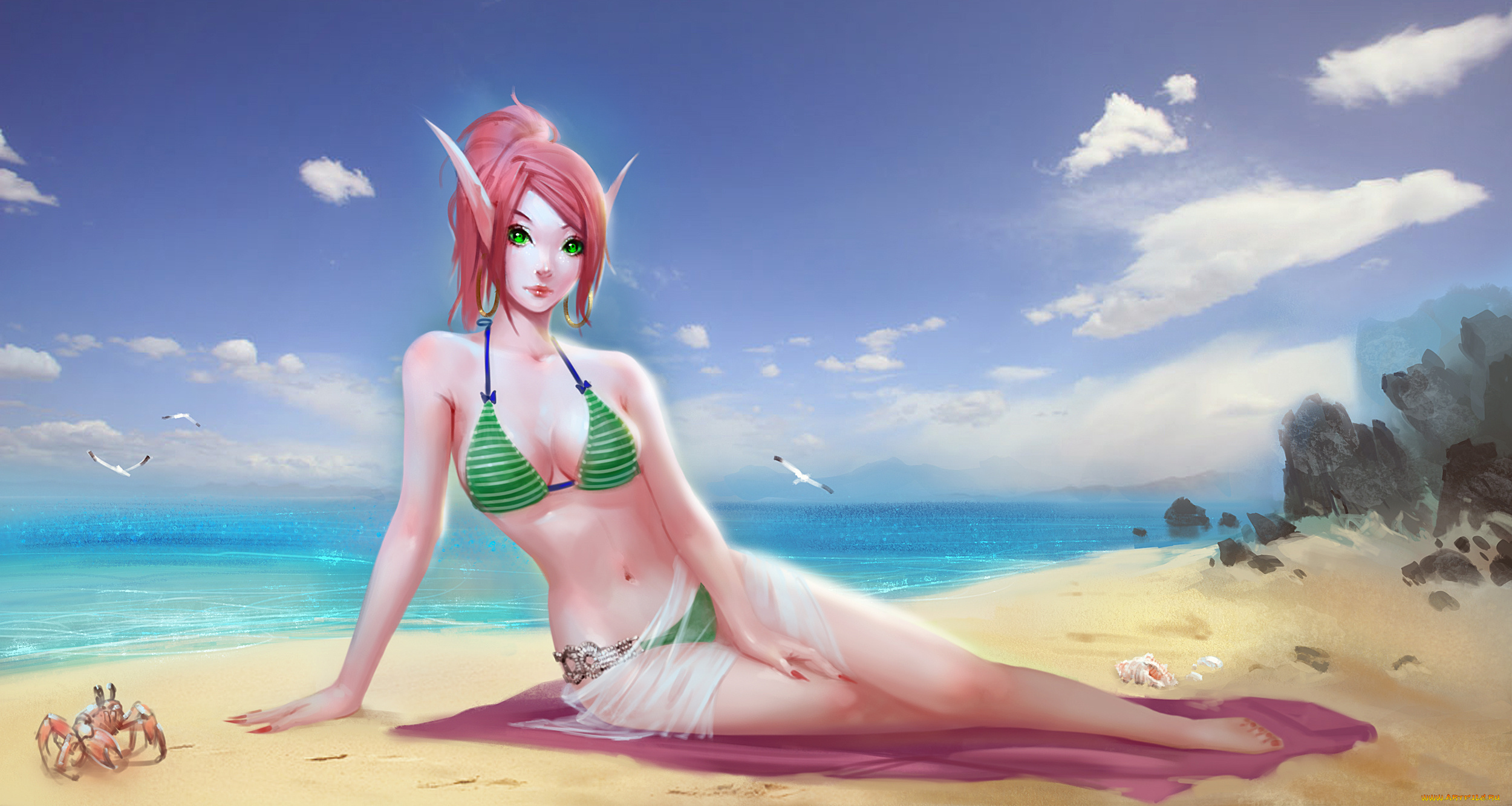 аниме, животные, , существа, девушка, фон, взгляд, пляж, купальник