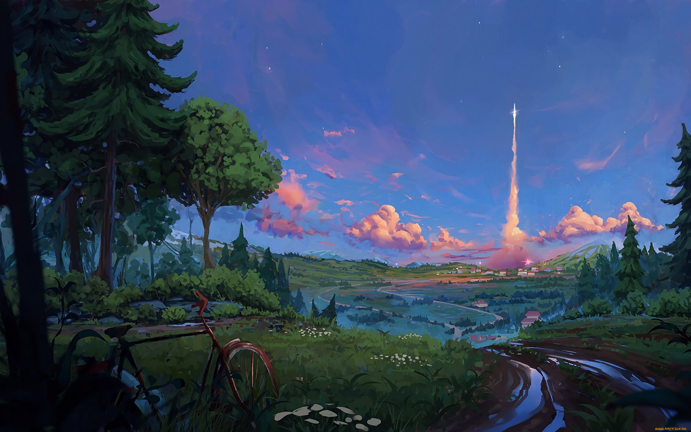 рисованное, денис, истомин, природа, велосипед, небо, облака, старт