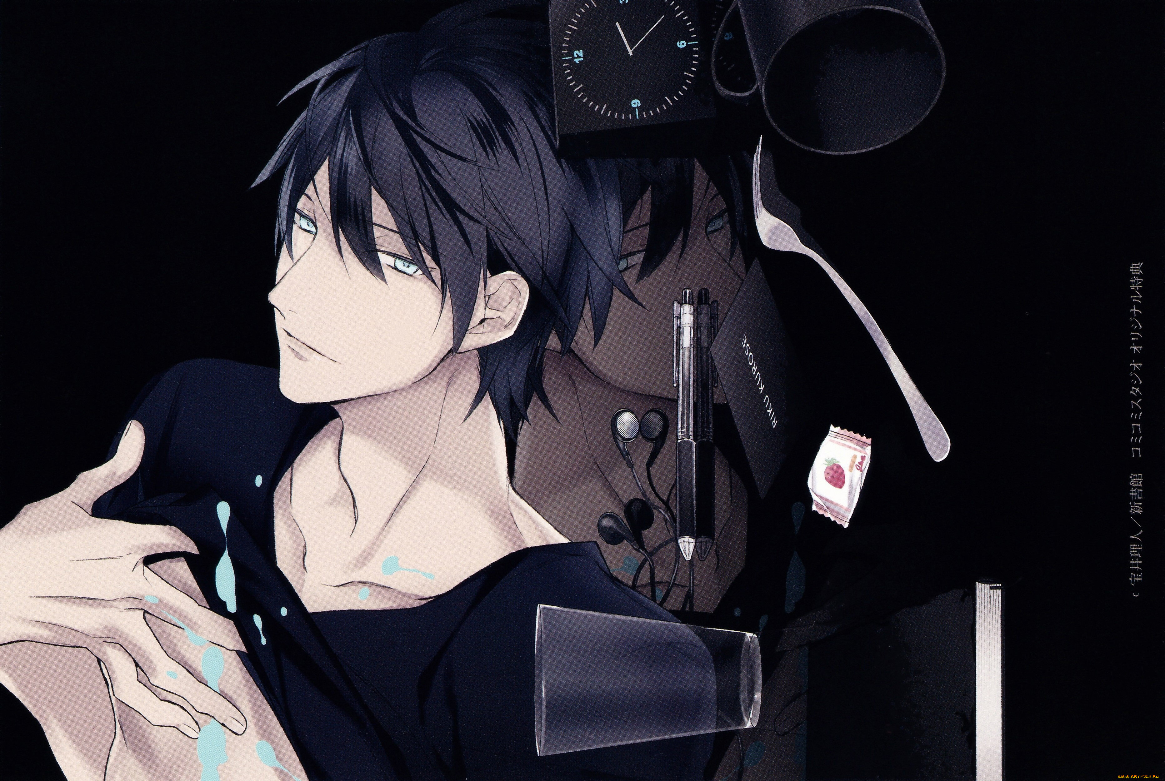 аниме, unknown, , другое, , парень, часы, стакан, наушники, чашка