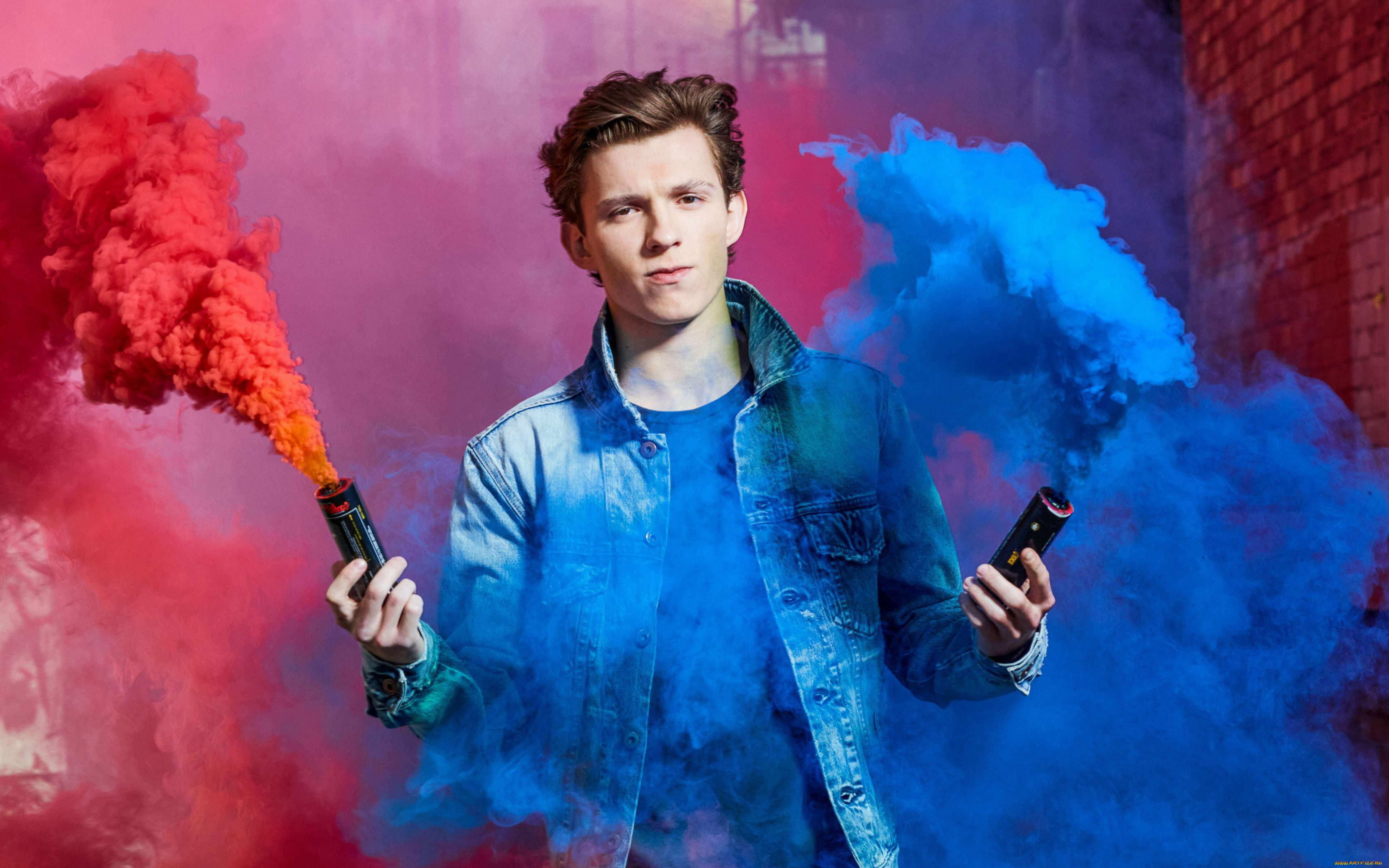 мужчины, tom, holland, актер, куртка, дым, цвета