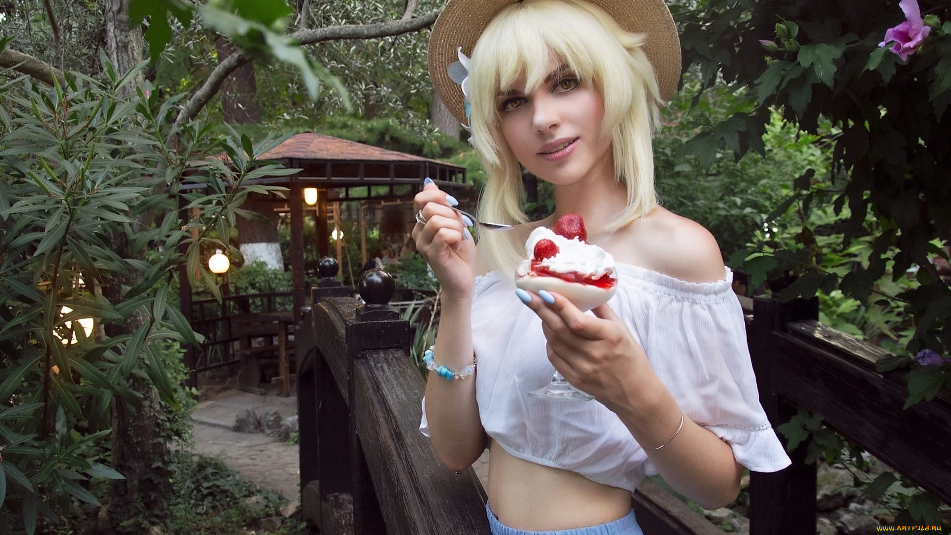 девушки, симонет, секунова, шляпа, блузка, десерт, мост