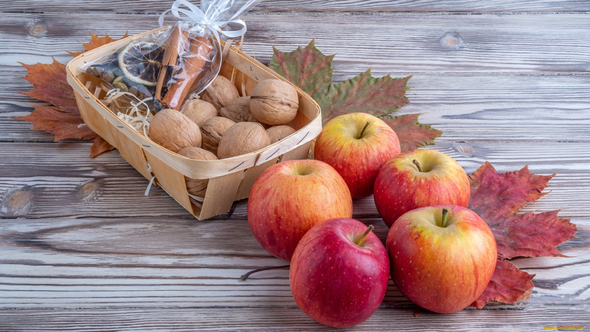 еда, разное, орехи, грецкие, яблоки, корица, кленовые, листья