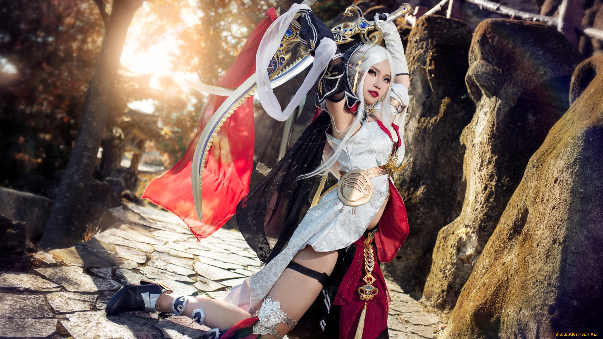 девушки, -, креатив, , косплей, образ, косплей, наряд, костюм, осень, деревья, камни