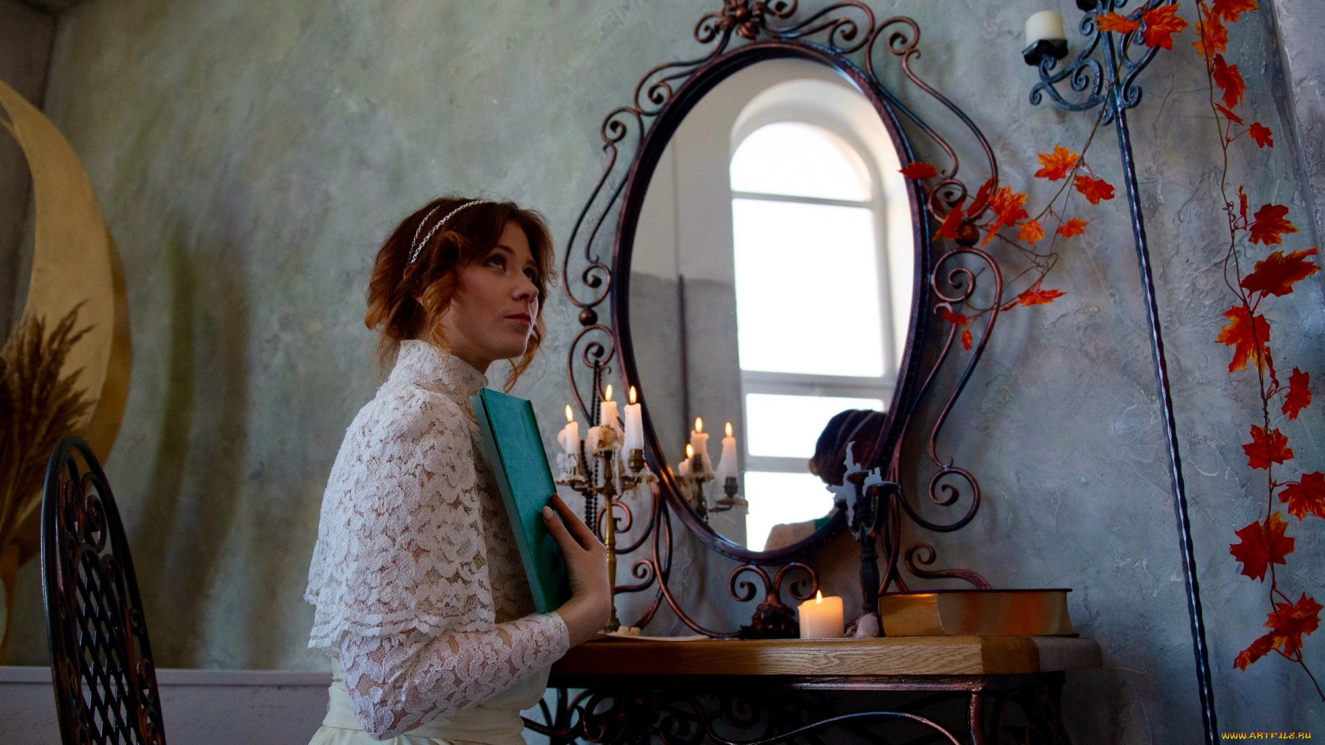 девушки, ира, сокол, образ, косплей, наряд, костюм, платье, зеркало, книга, кружева, свечи, листья