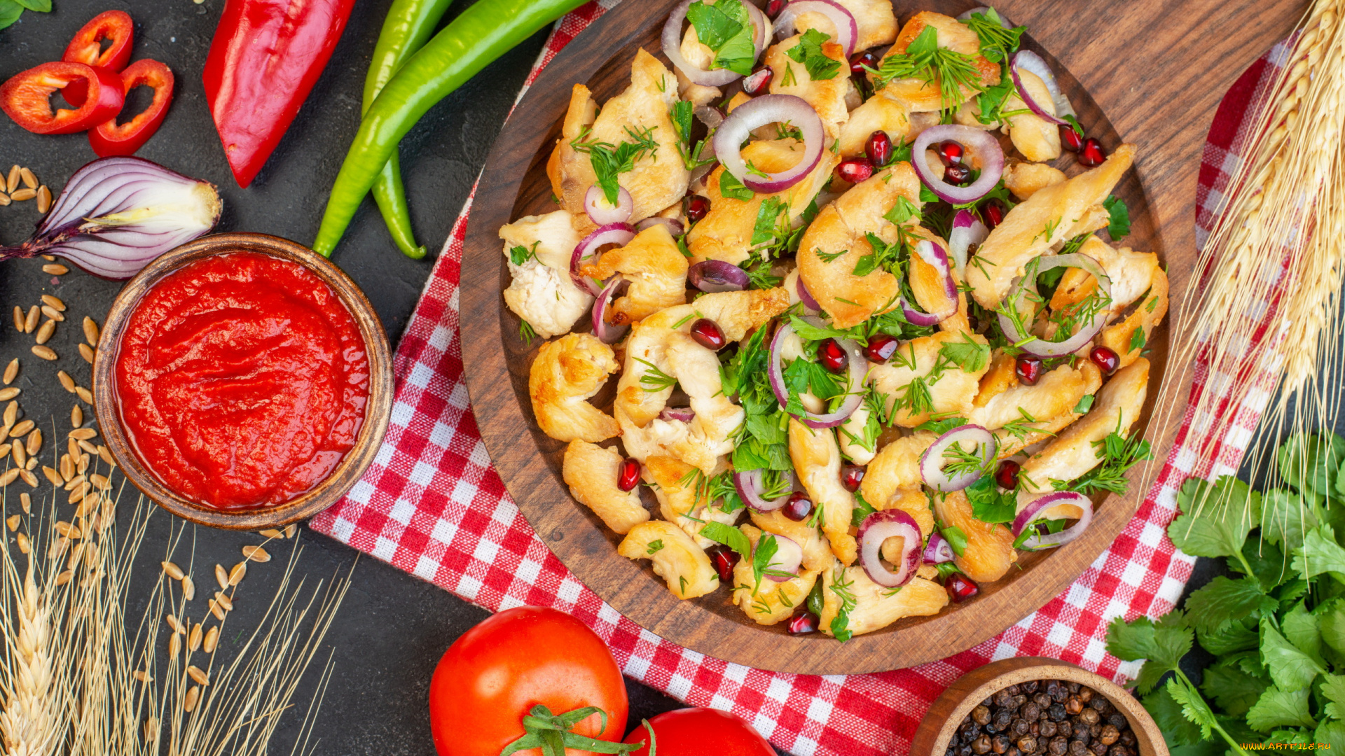 еда, мясные, блюда, помидоры, перец, кетчуп, куриное, филе, лук