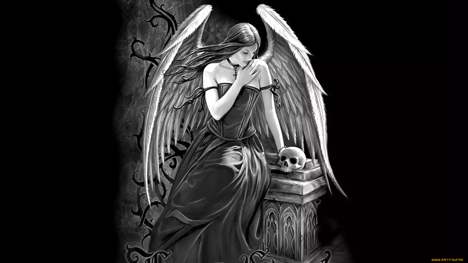 фэнтези, ангелы, девушка, ангел, череп