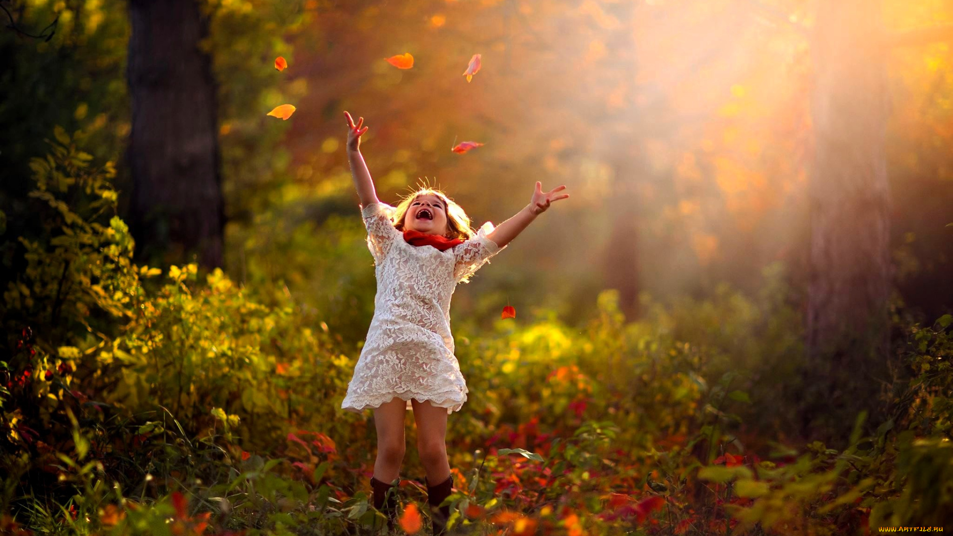 разное, дети, девочка, ребенок, платье, радость, листья, лес, осень