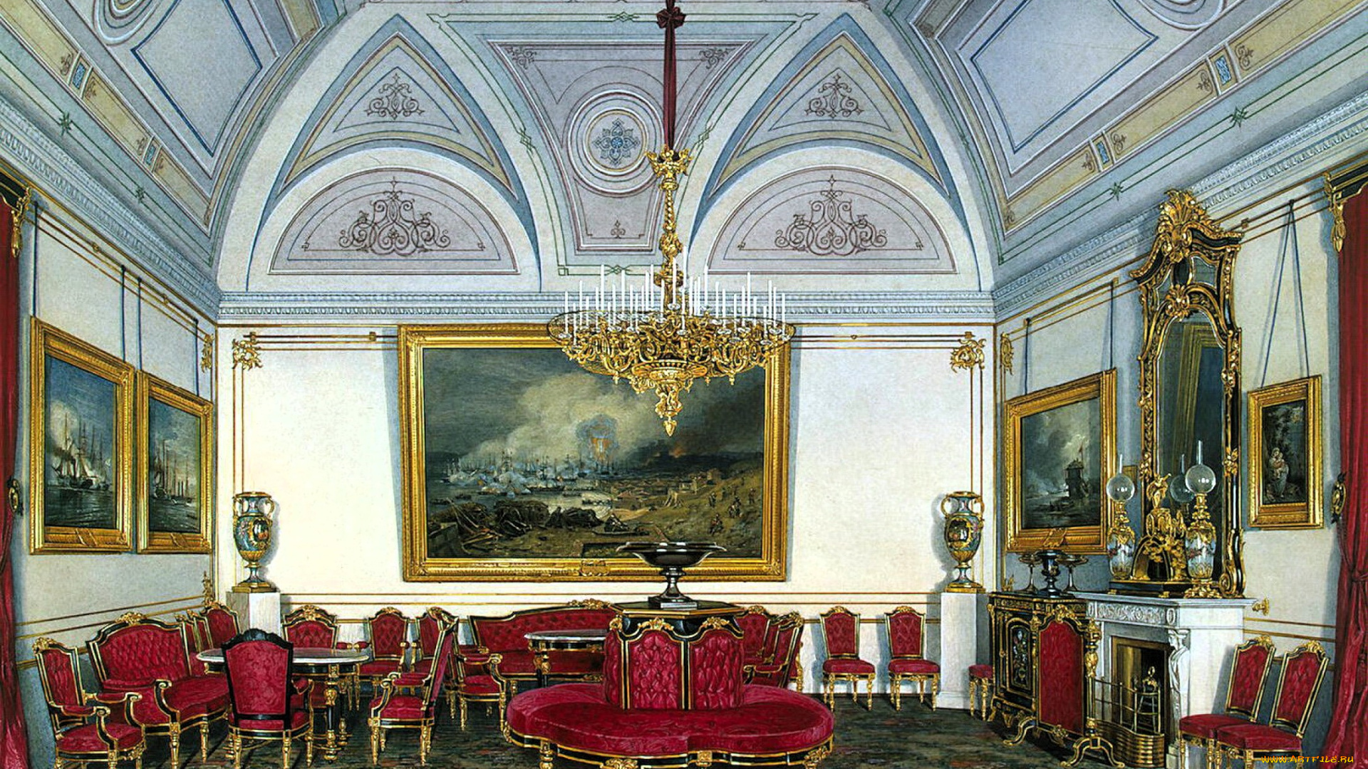 рисованное, эдуард, гау, интерьер, комната, дворец, зал, люстра, свод, лепнина, картины, ковер, стулья