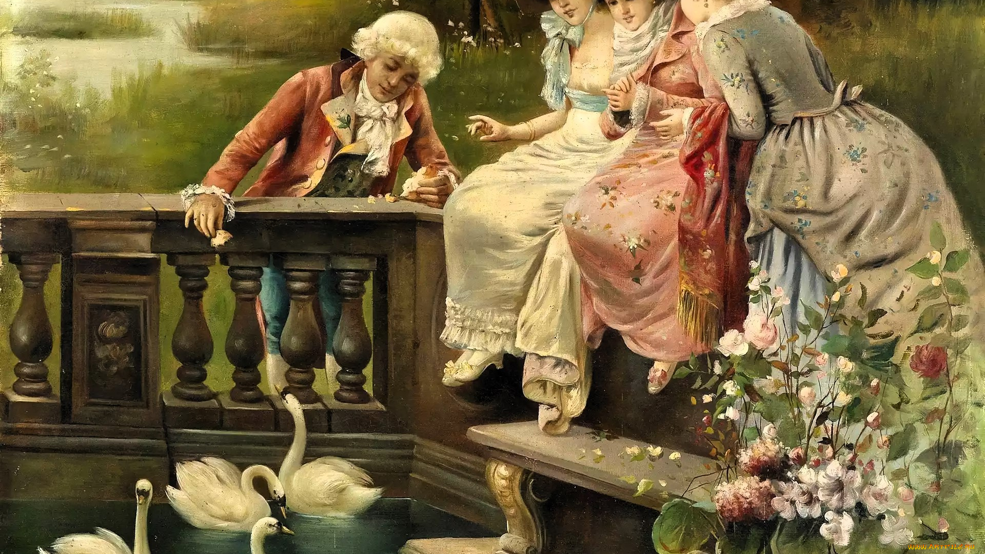 рисованное, hans, zatzka, парень, девушки, забор, пруд, лебеди