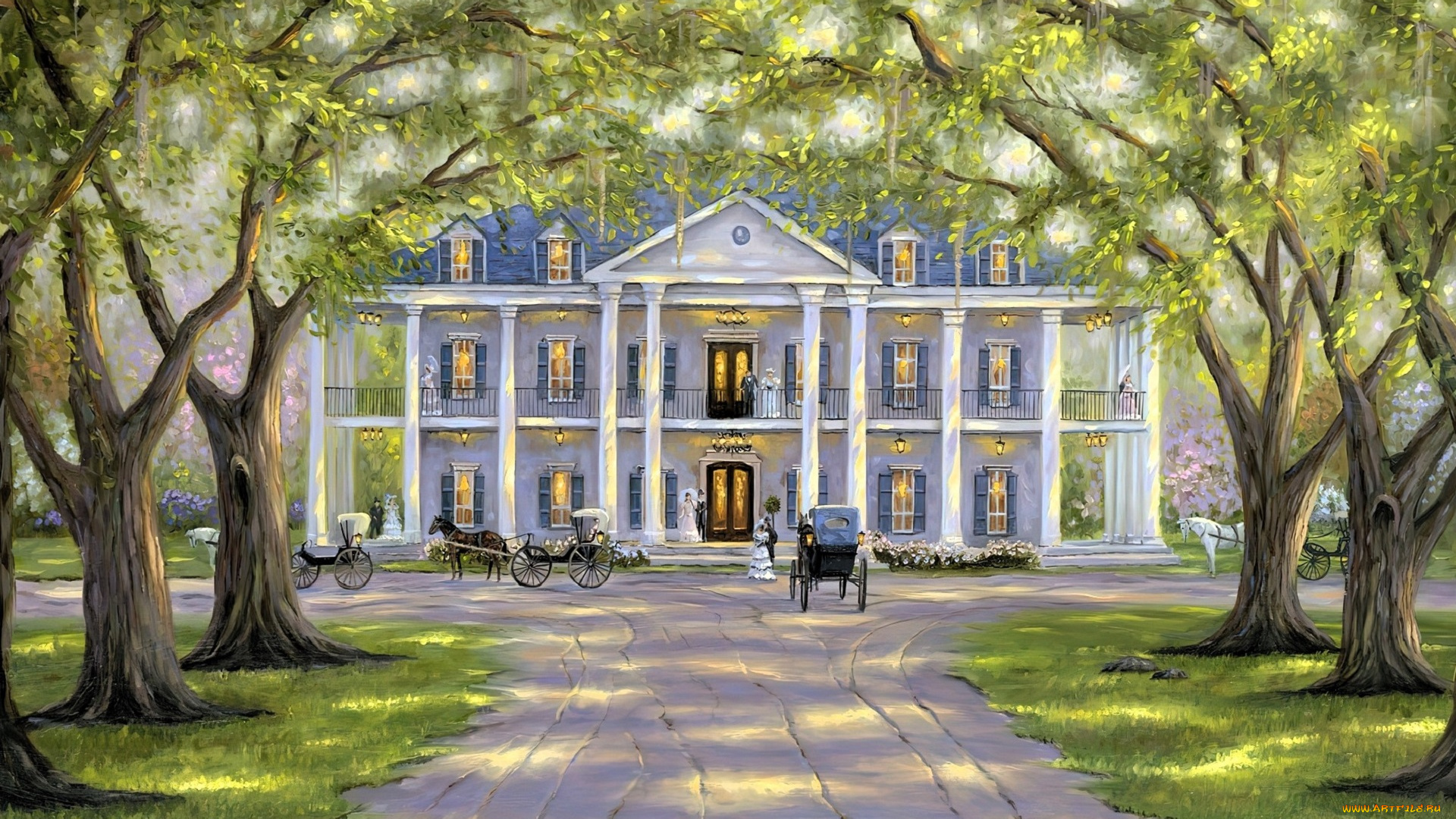 рисованное, robert, finale, особняк, дом, кареты, дорога, деревья, парк
