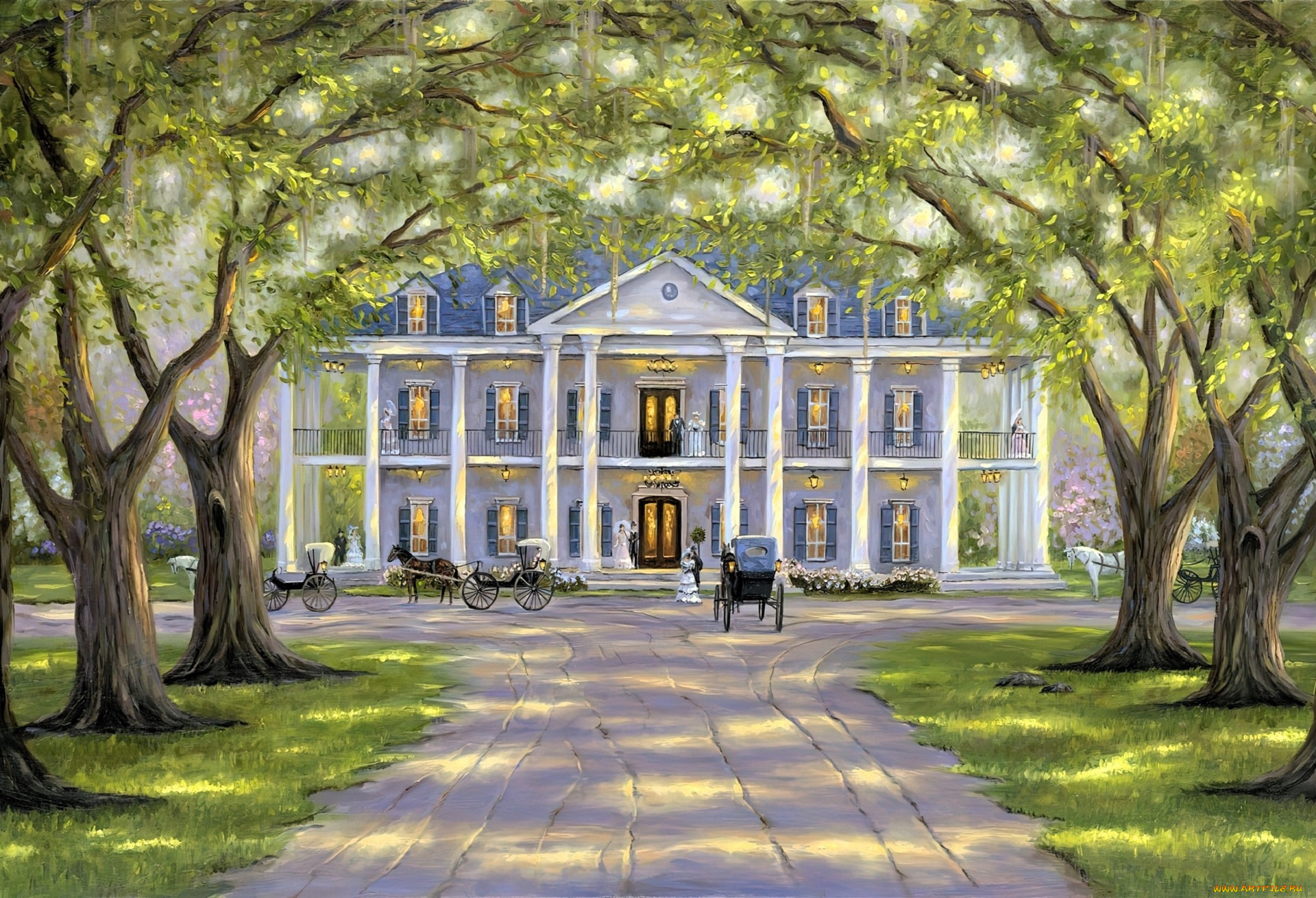 рисованное, robert, finale, особняк, дом, кареты, дорога, деревья, парк