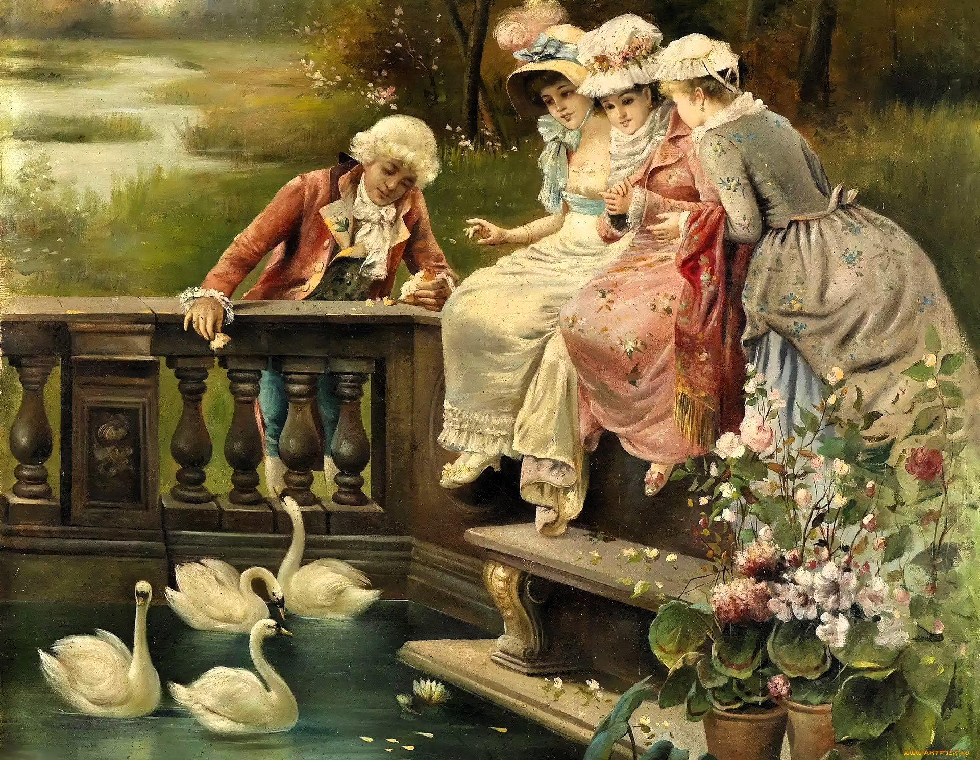 рисованное, hans, zatzka, парень, девушки, забор, пруд, лебеди