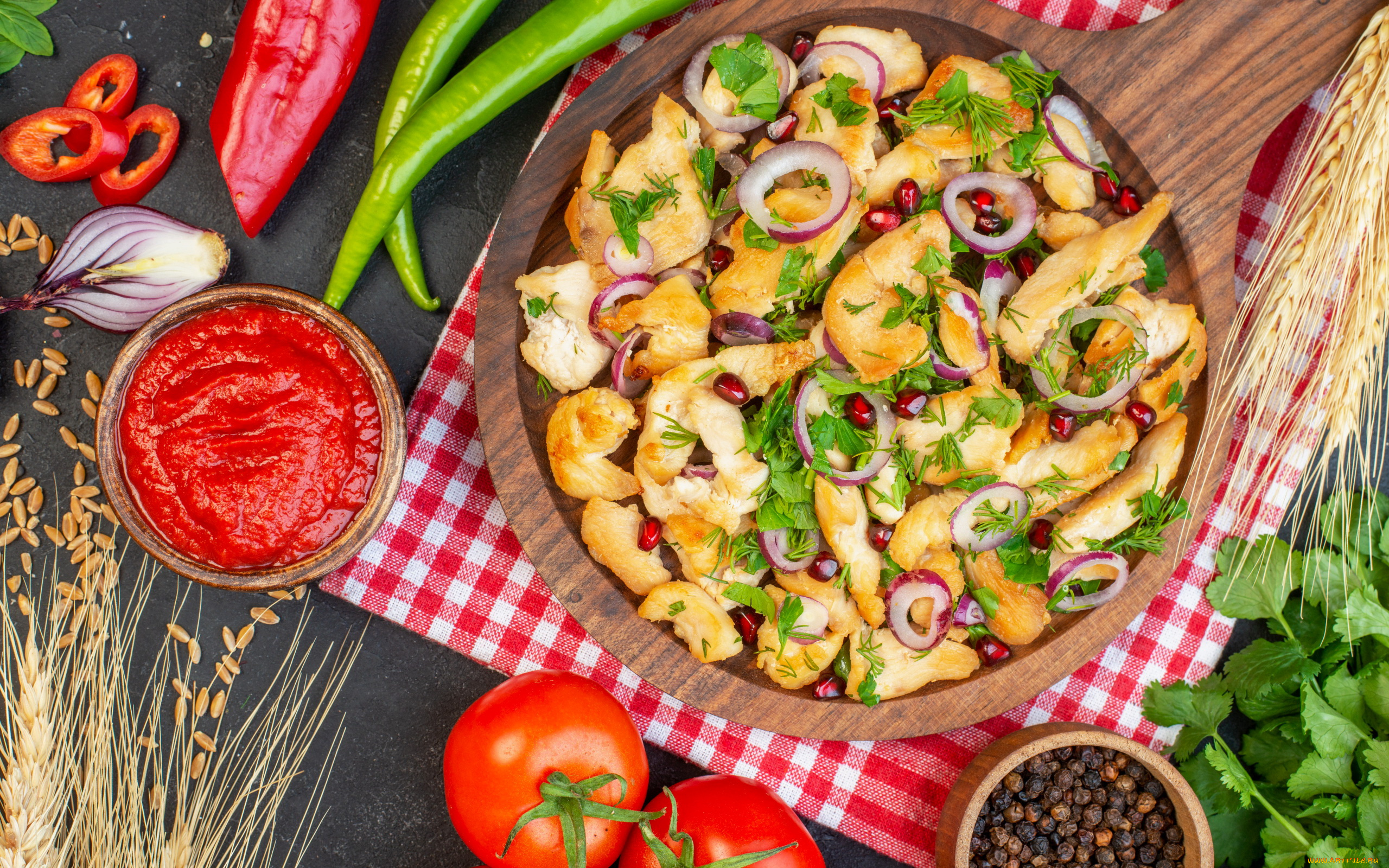 еда, мясные, блюда, помидоры, перец, кетчуп, куриное, филе, лук