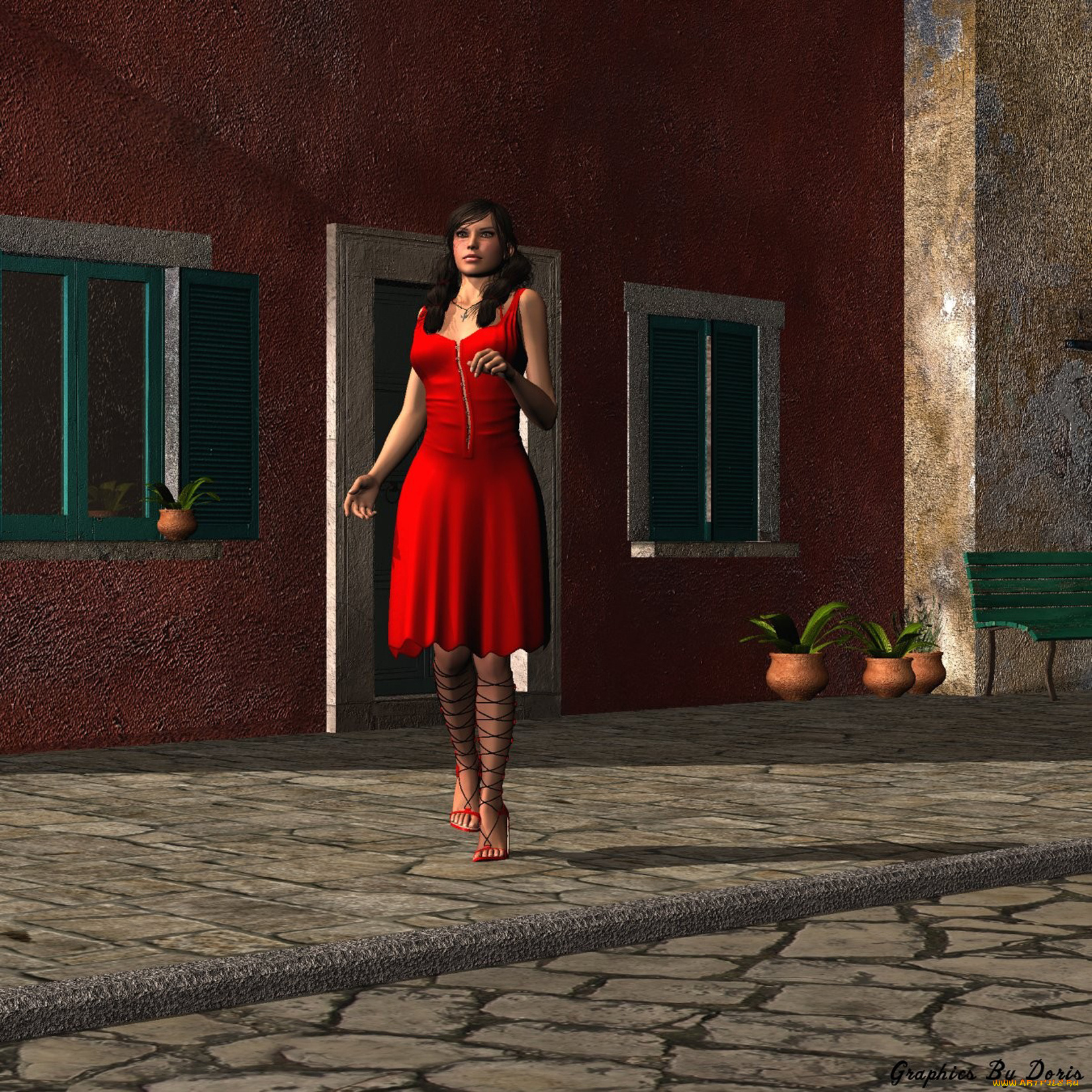 3д, графика, people, люди, девушка, растения, окна, тротуар