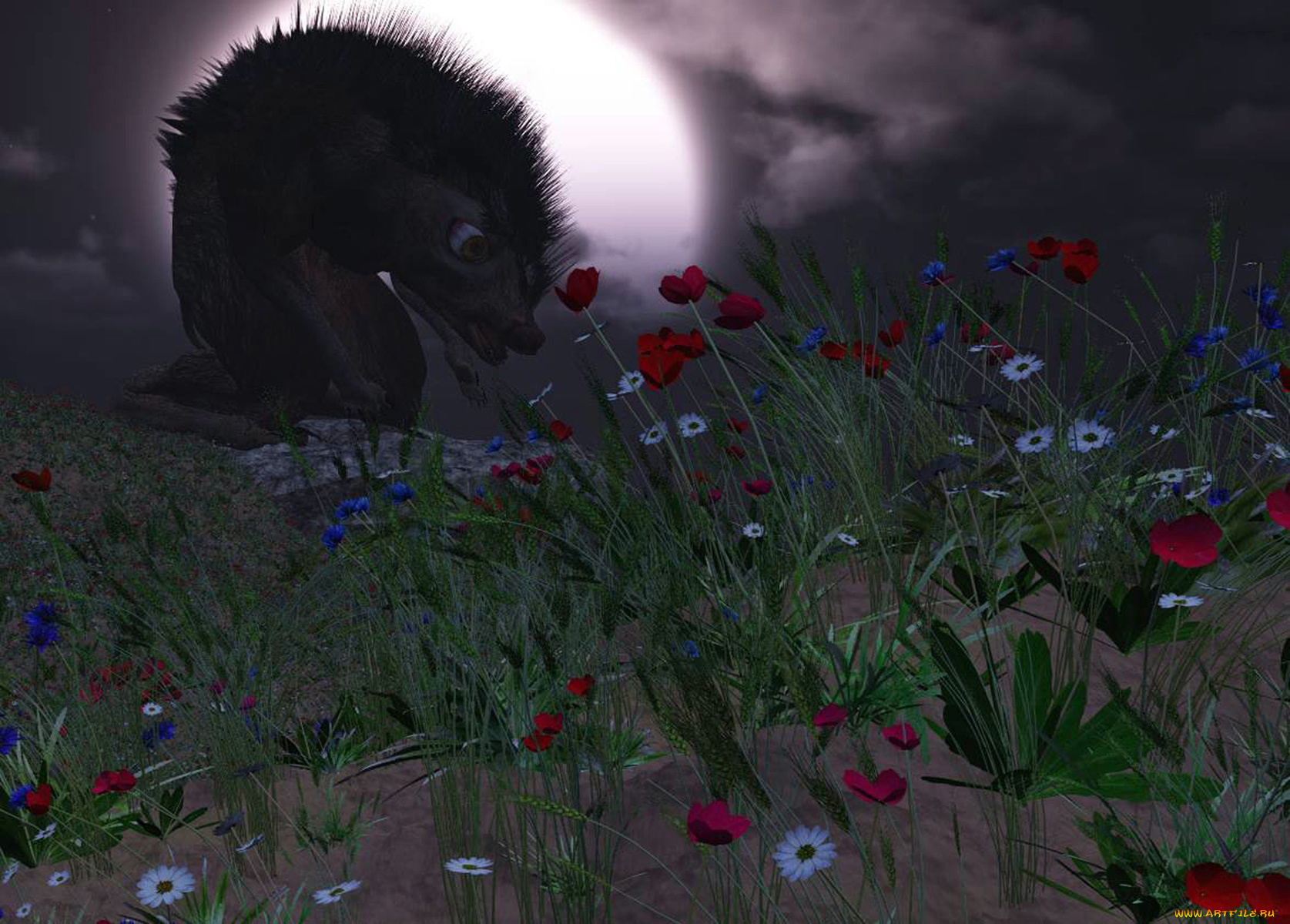 3д, графика, animals, животные, цветы, ёжик