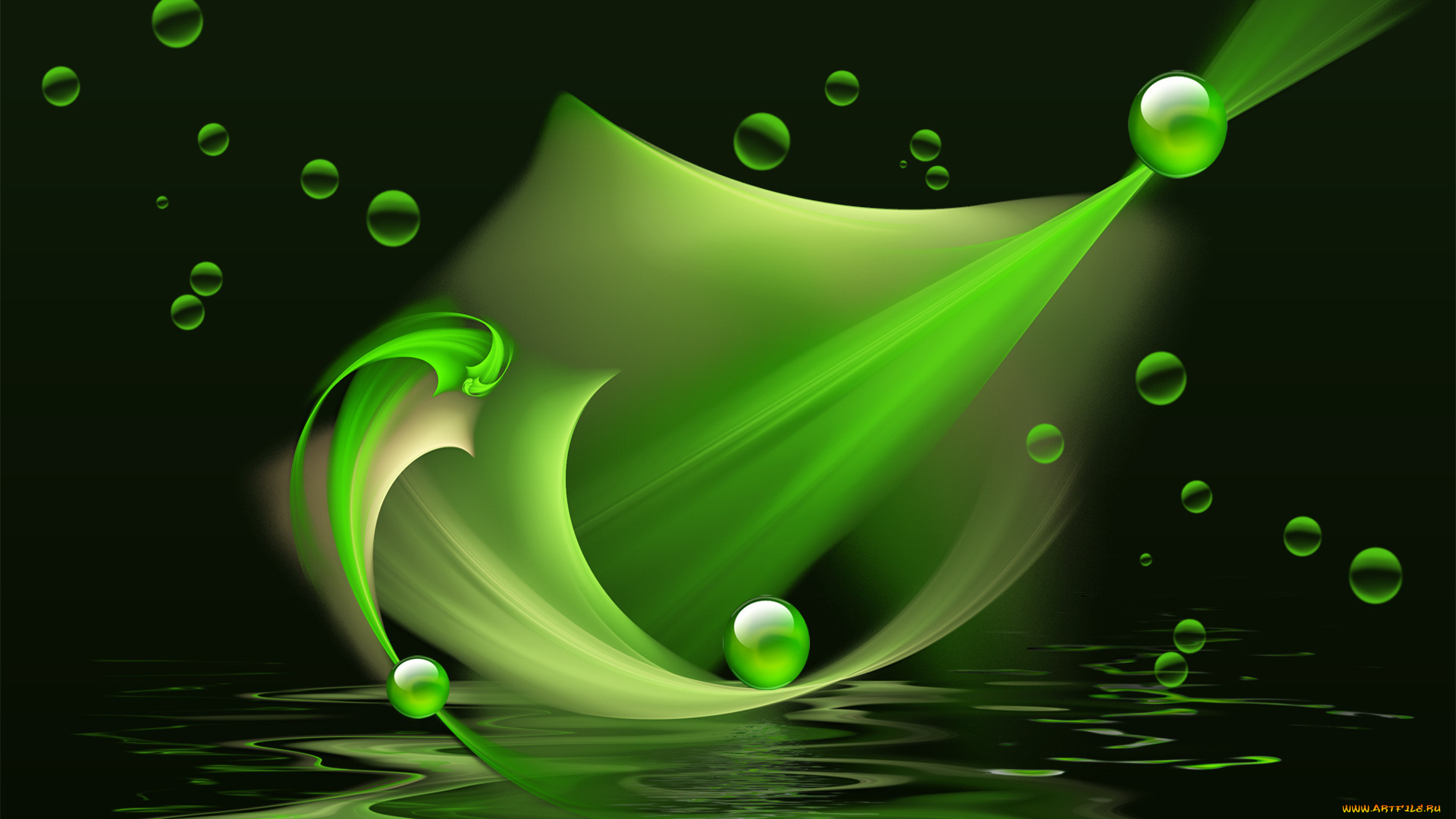 3д, графика, fractal, фракталы, тёмный, шары, зелёный, фон