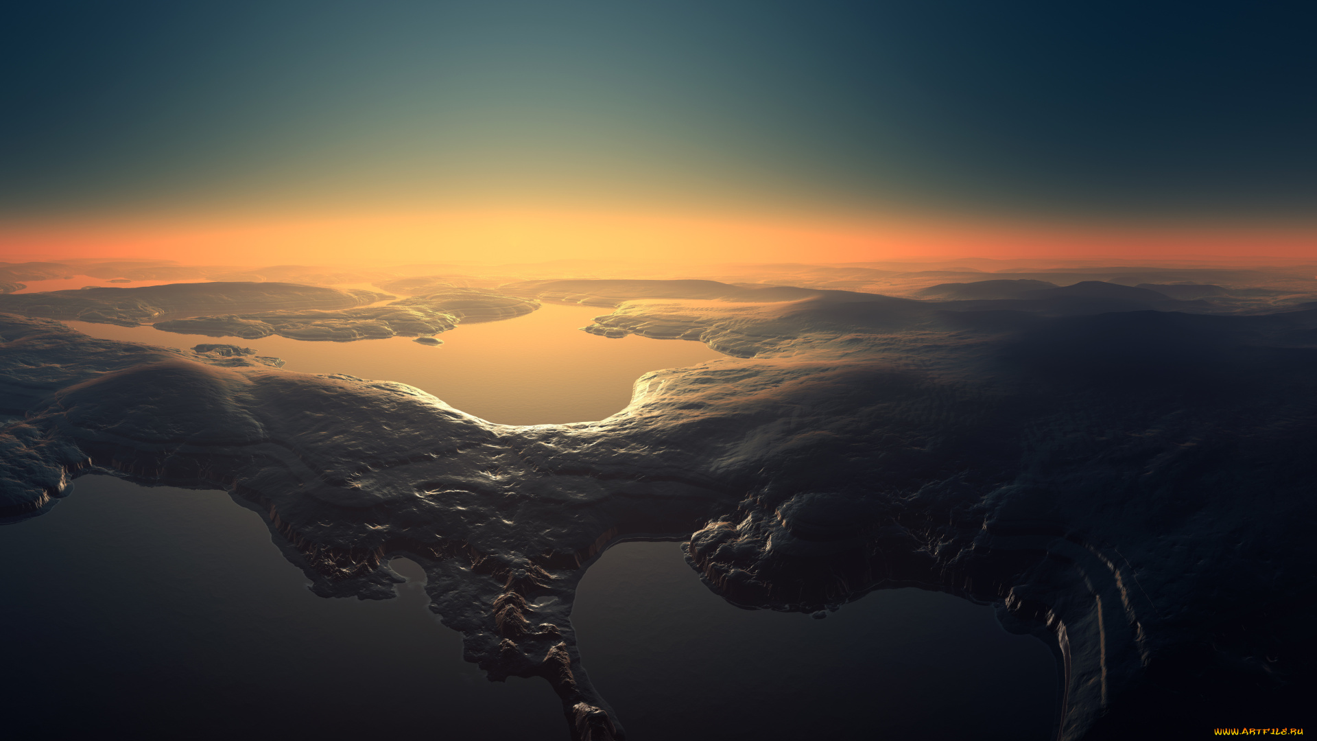 3д, графика, nature, landscape, природа, камни, небо, вода, закат