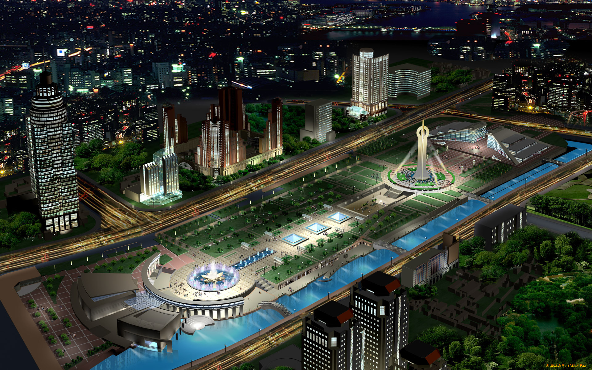 3д, графика, architecture, архитектура, вечер, огни, город