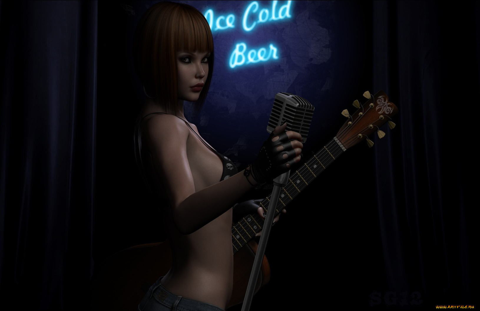 3д, графика, people, люди, девушка, гитара, микрофон
