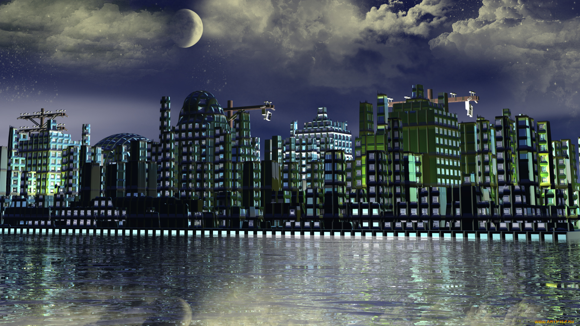 3д, графика, architecture, архитектура, дома, река, луна