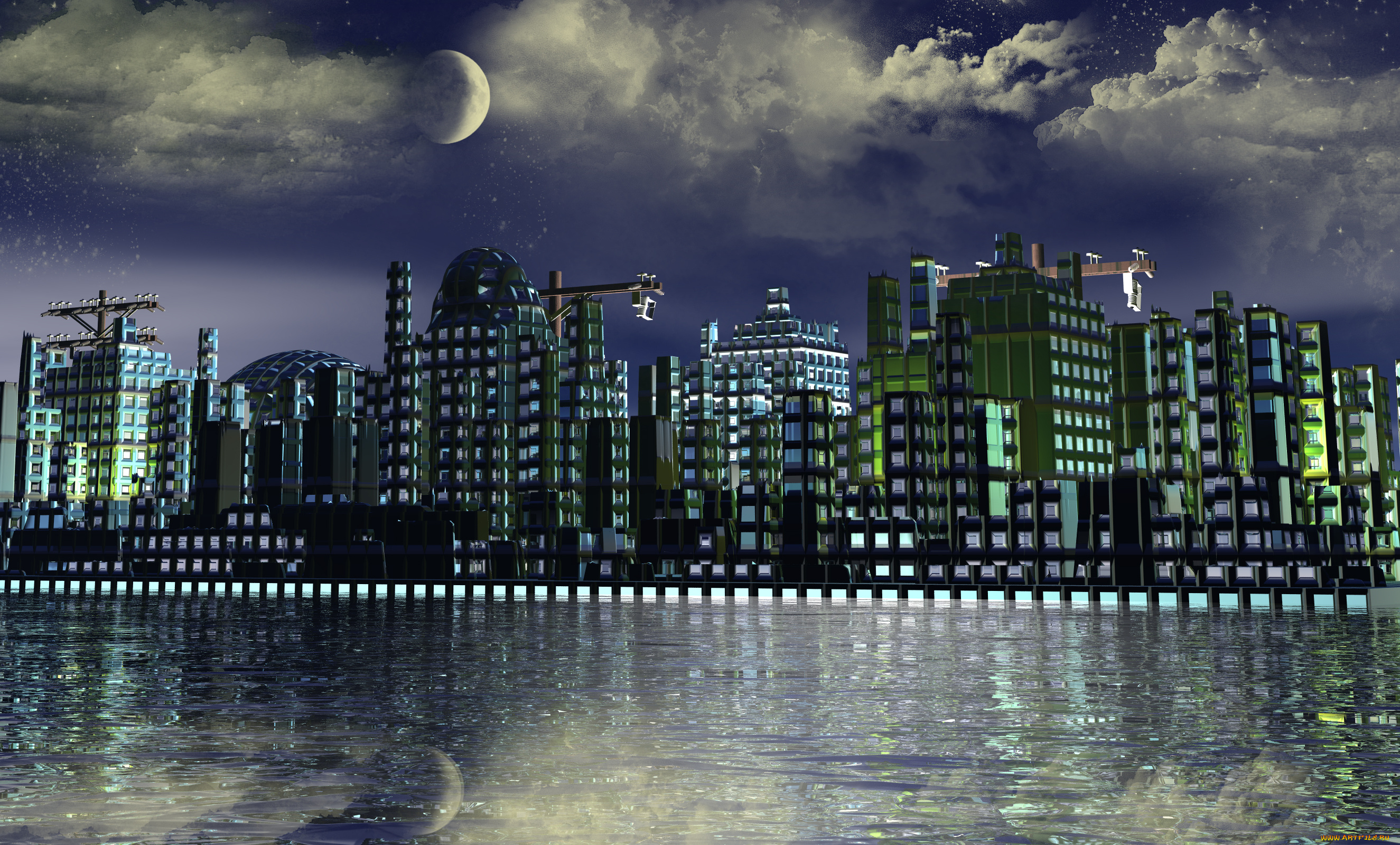 3д, графика, architecture, архитектура, дома, река, луна