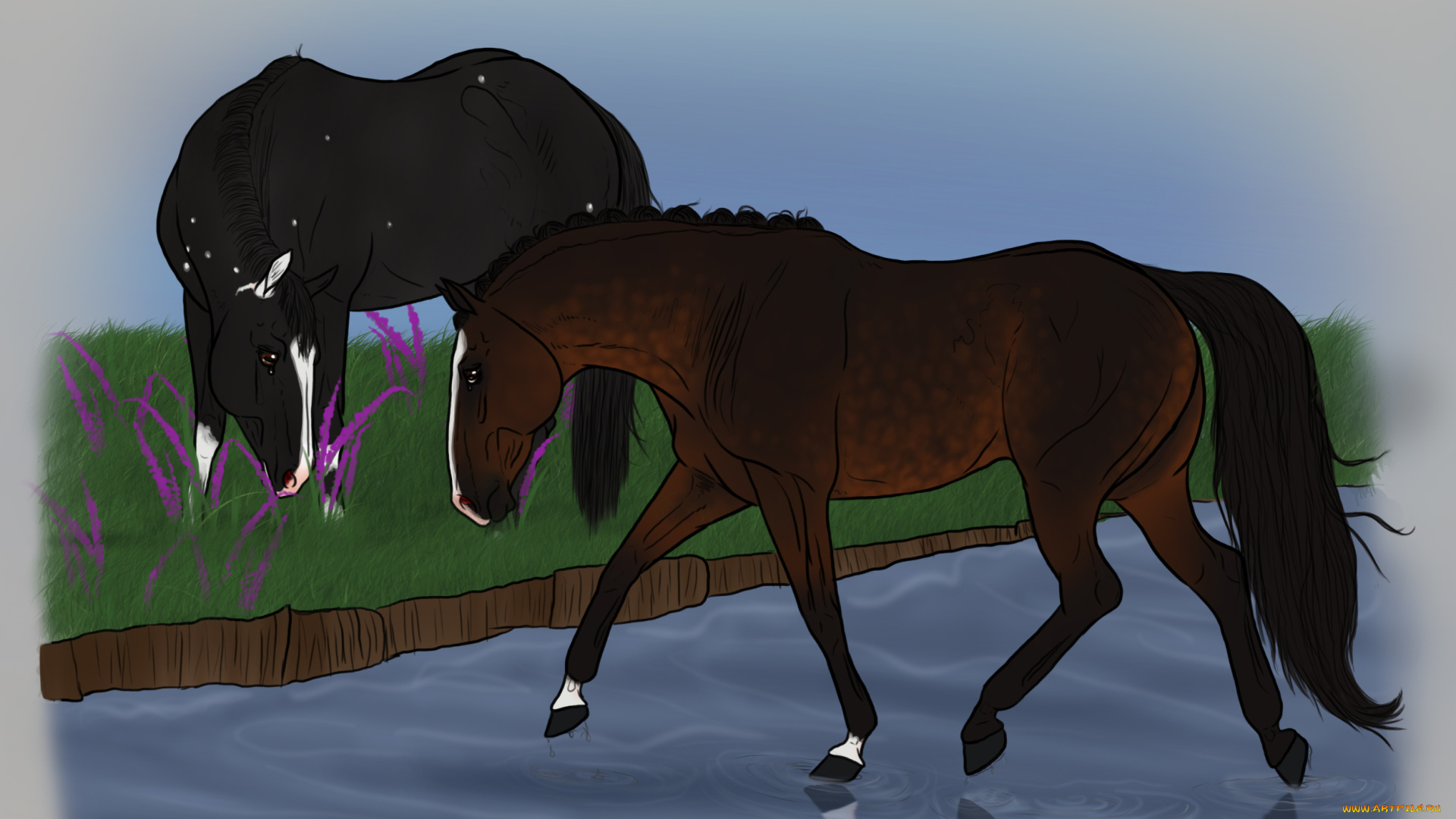 рисованные, животные, лошади, луг, река