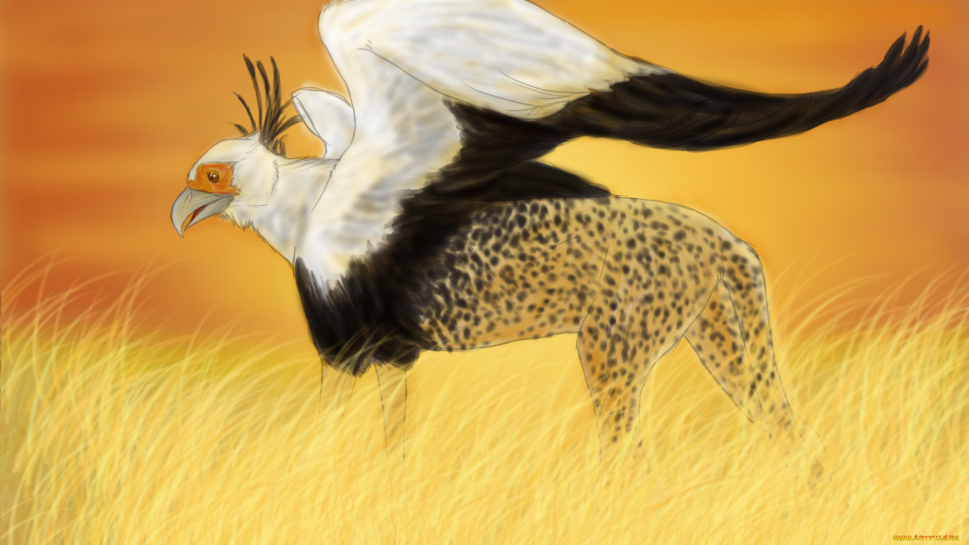 рисованные, животные, сказочные, мифические, леопард, орел, трава