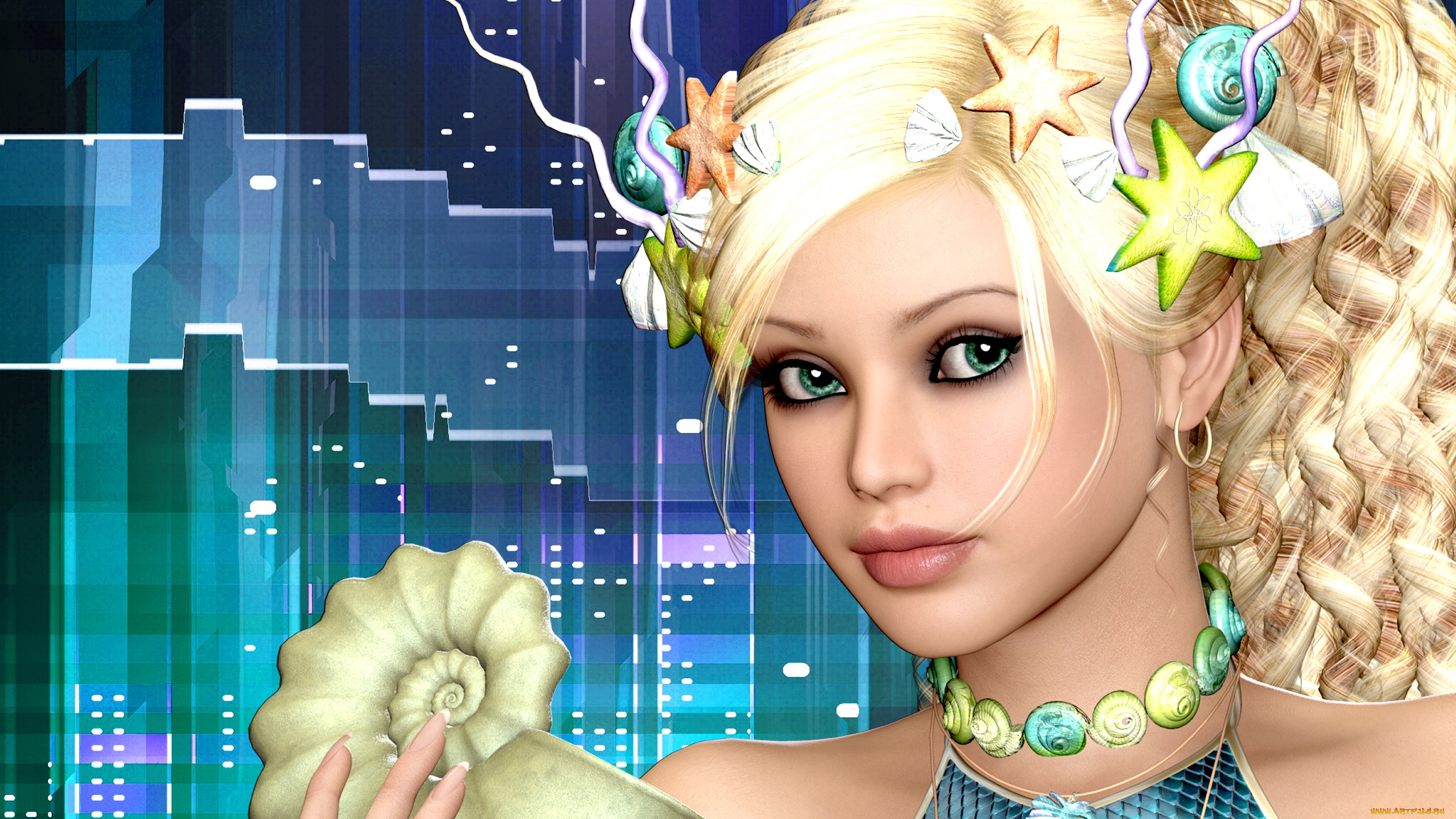 3д, графика, portraits, портрет, губы, взгляд, глаза, лицо, ракушка