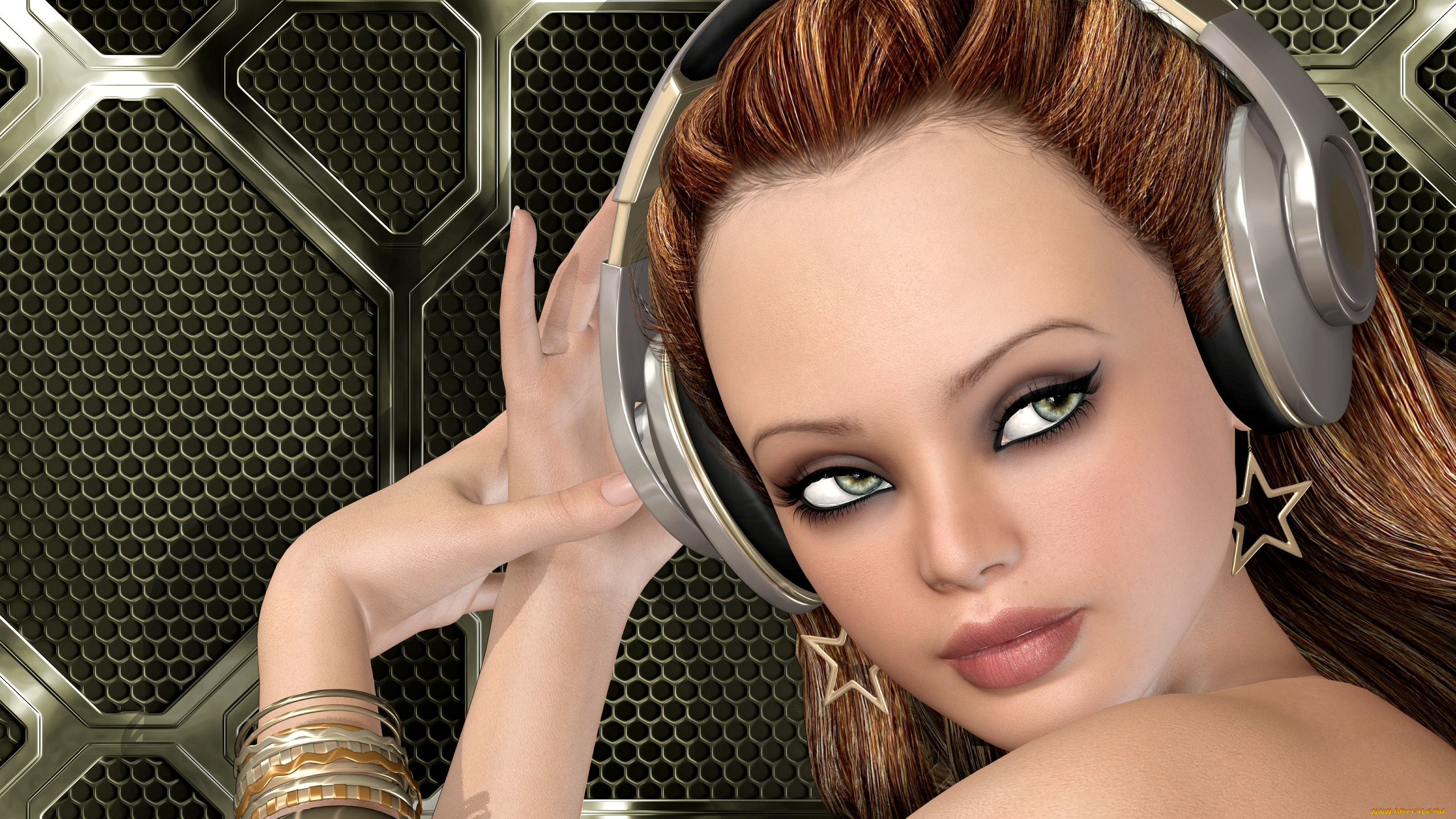 3д, графика, portraits, портрет, губы, взгляд, лицо, глаза, наушники