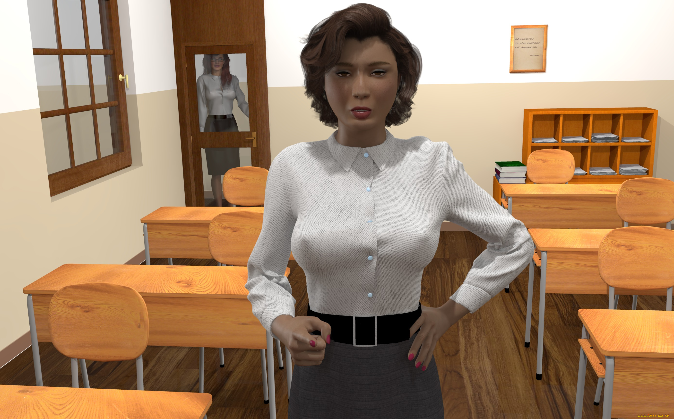 3д, графика, people, люди, девушки, класс, столы, стулья
