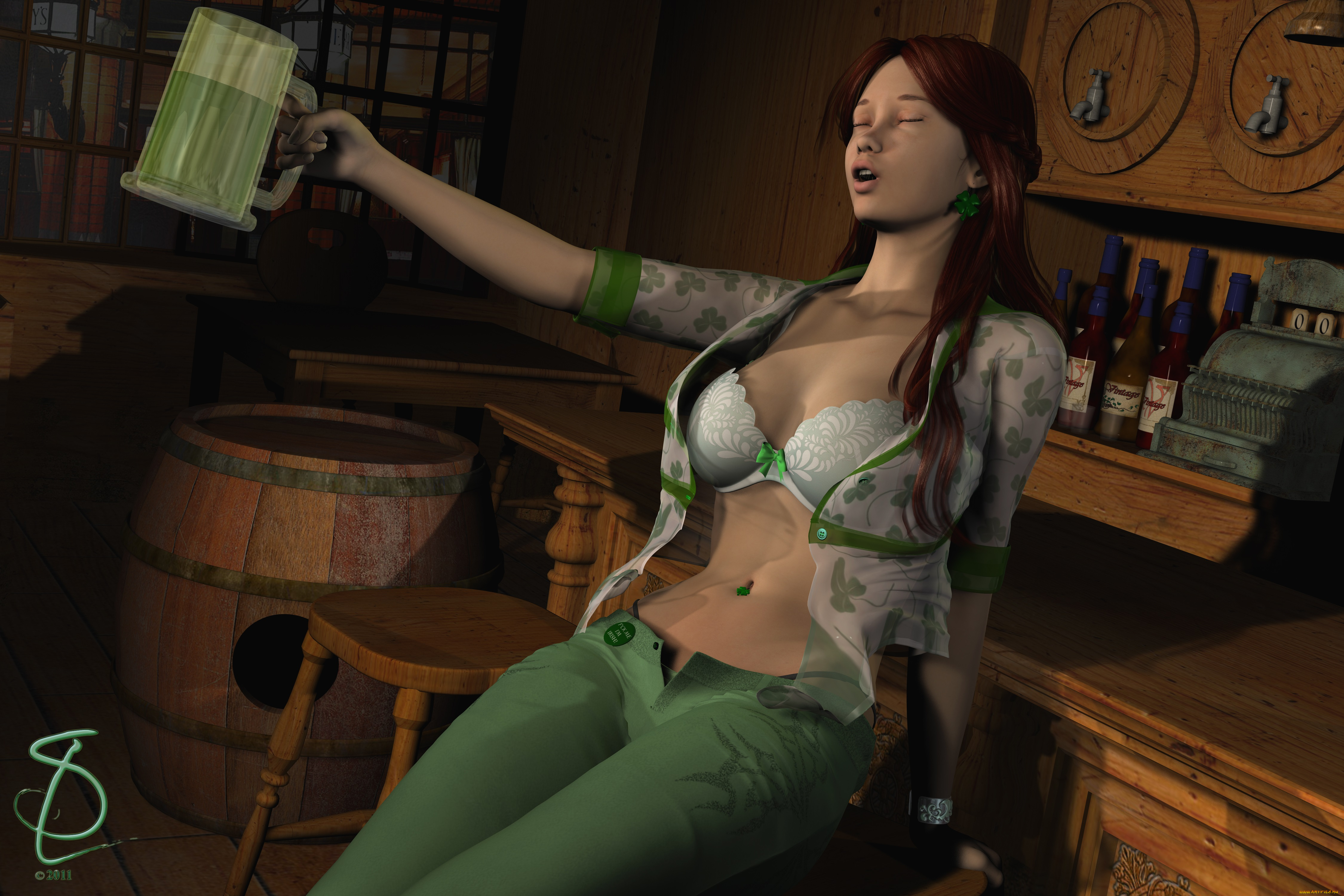 3д, графика, people, люди, девушка, бокал, бочка