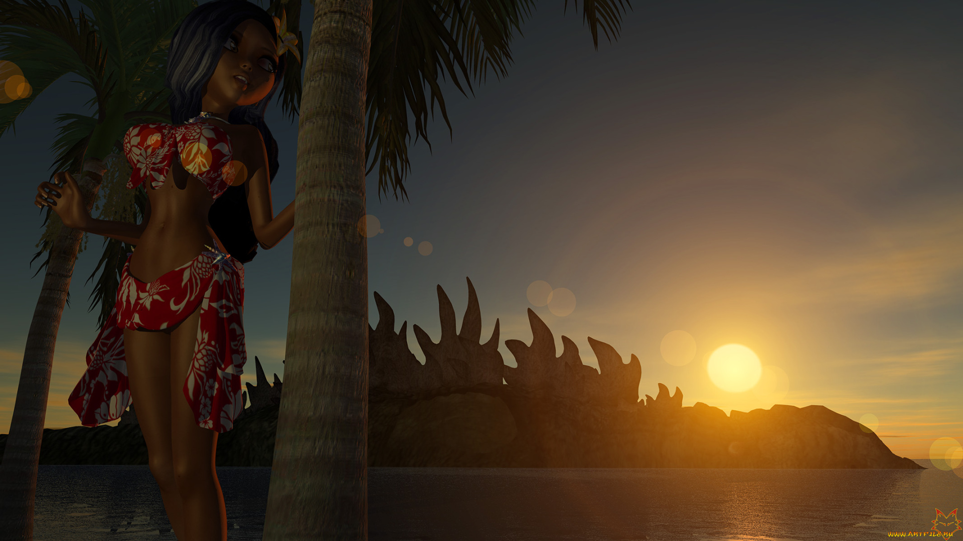 3д, графика, люди, , people, закат, дерево, взгляд, девушка