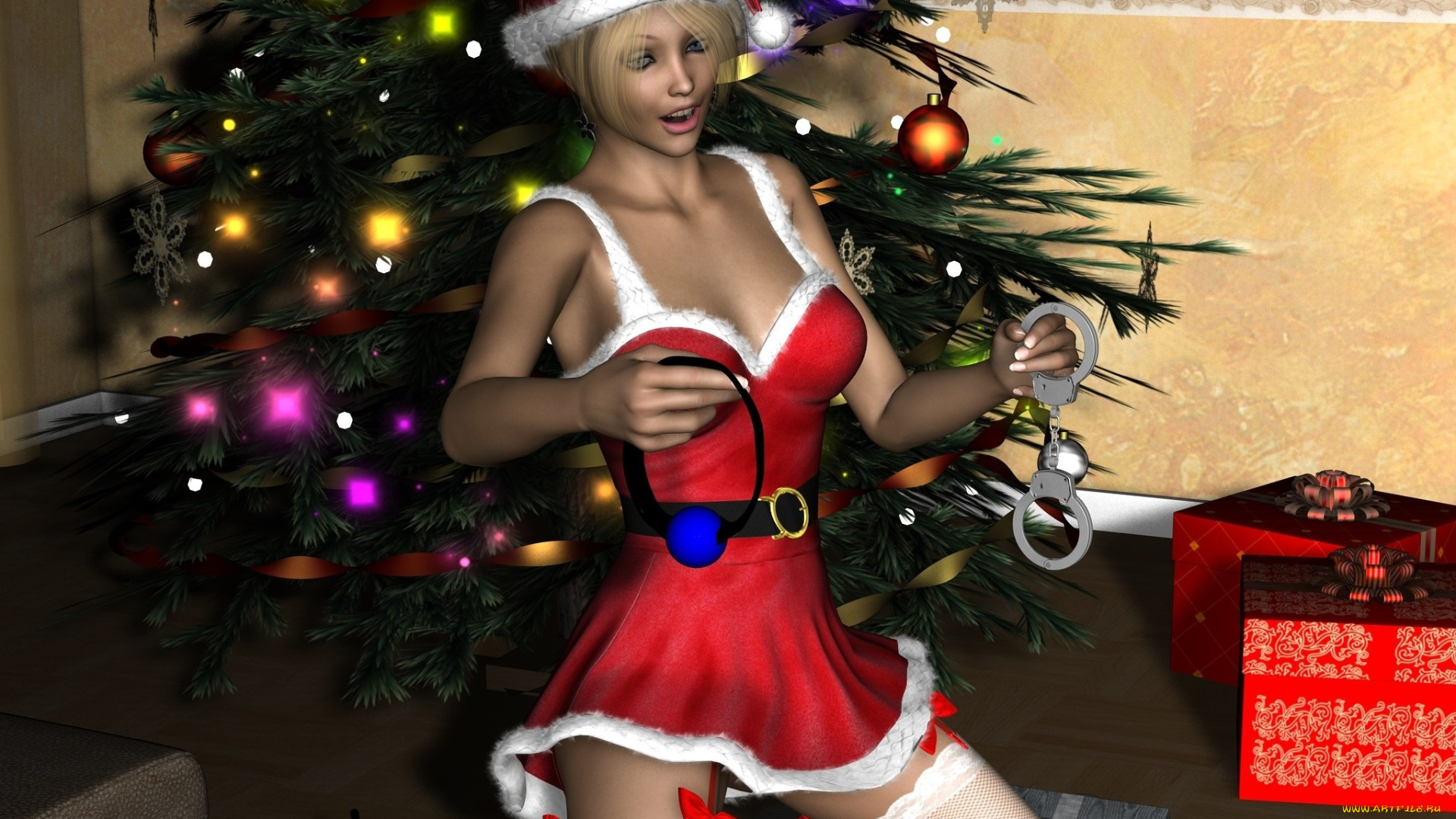 3д, графика, праздники, , holidays, подарки, украшение, елка, взгляд, девушка