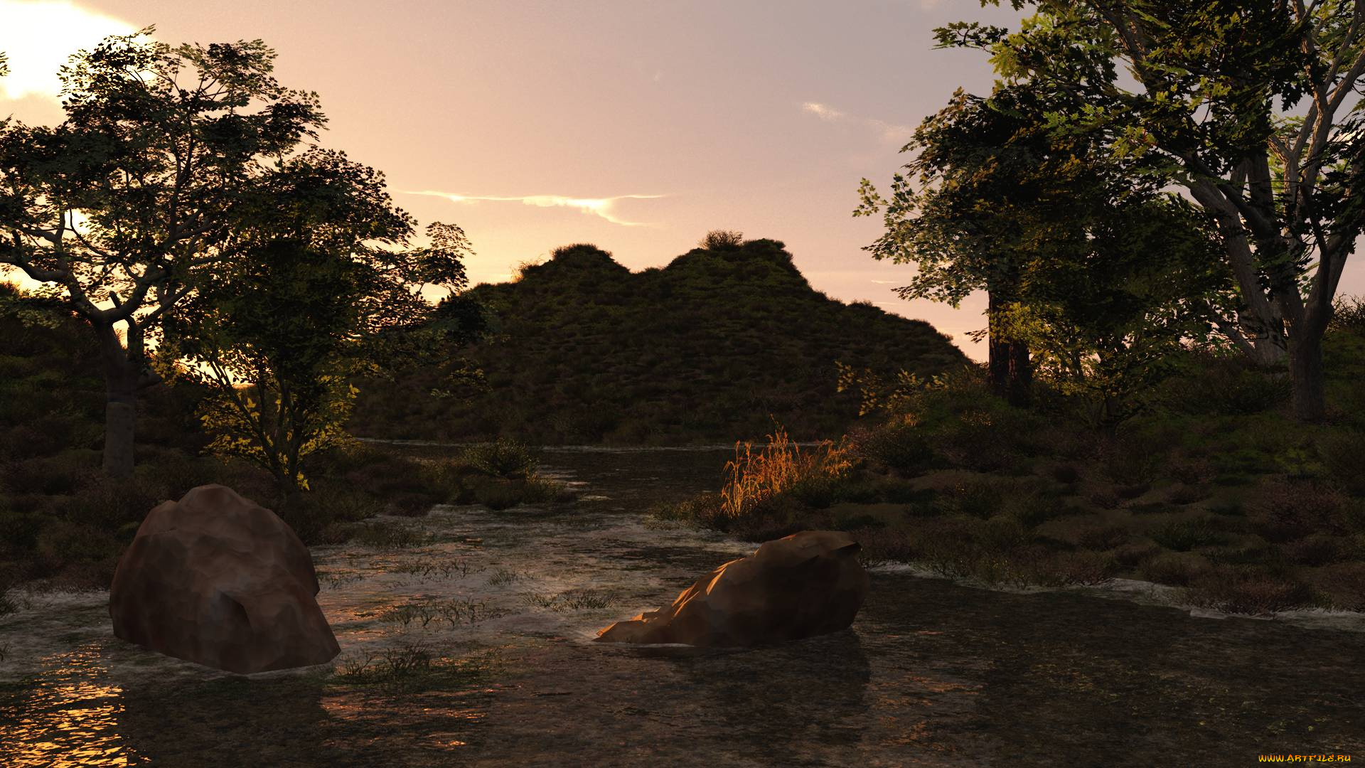 3д, графика, природа, , nature, холм, деревьЯ, камень