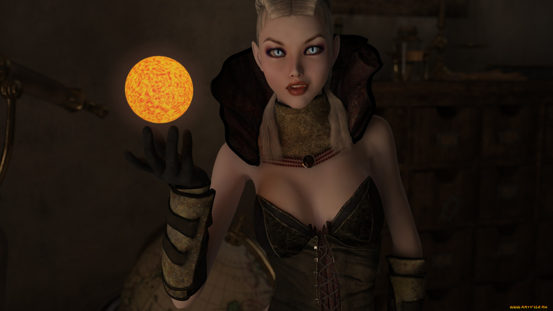 3д, графика, существа, , creatures, девушка, взгляд, фон, вампир, улыбка, луна