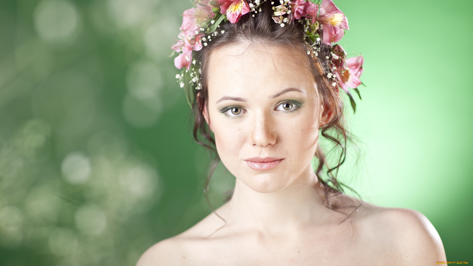 девушки, -unsort, , лица, , портреты, веснушки, цветы, взгляд, лилии, венок, девушка