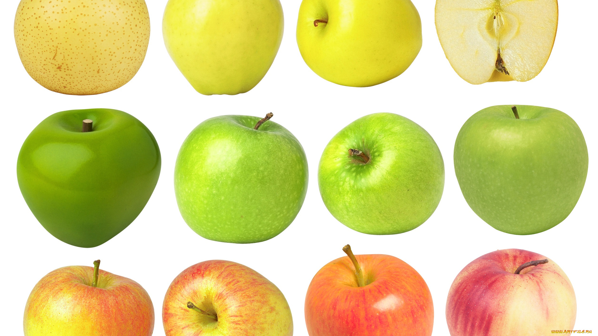 еда, Яблоки, желтые, зеленые, фон, красные