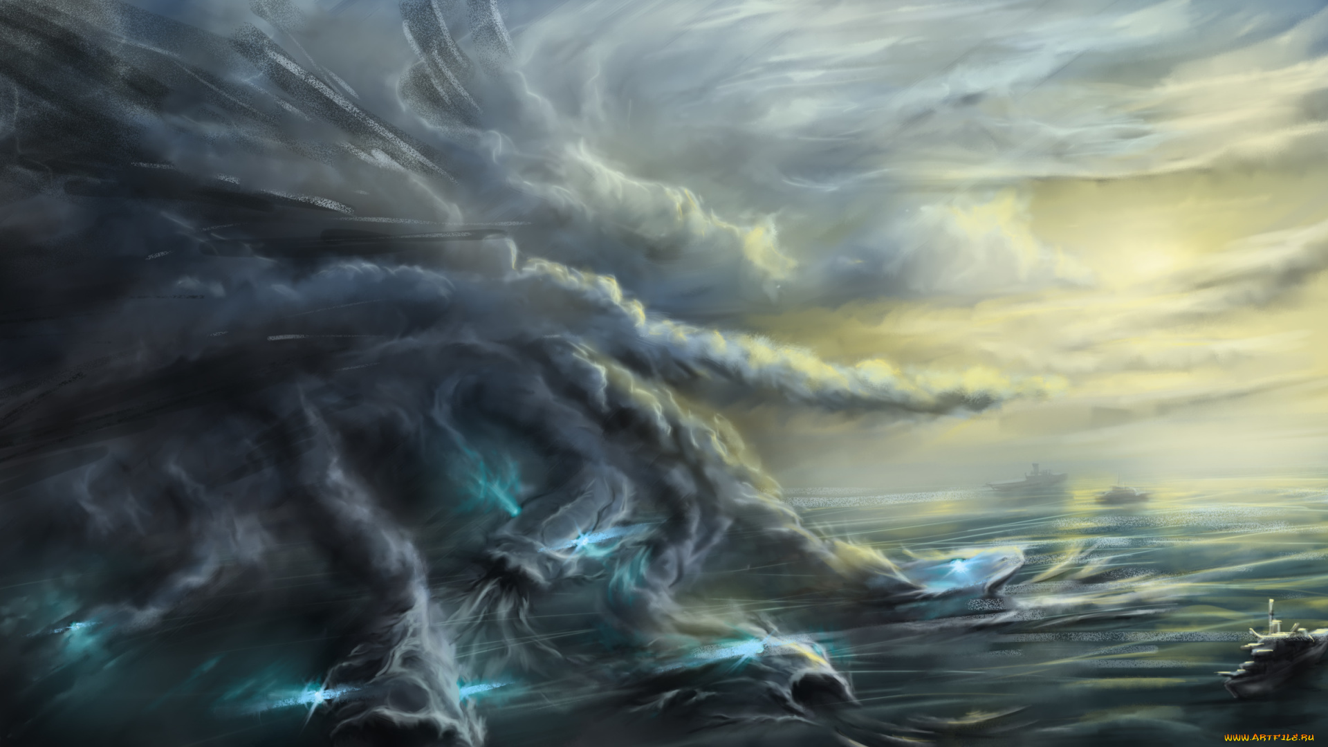 фэнтези, магия, корабль, океан, море, демоны, туман, фантастика, живопись