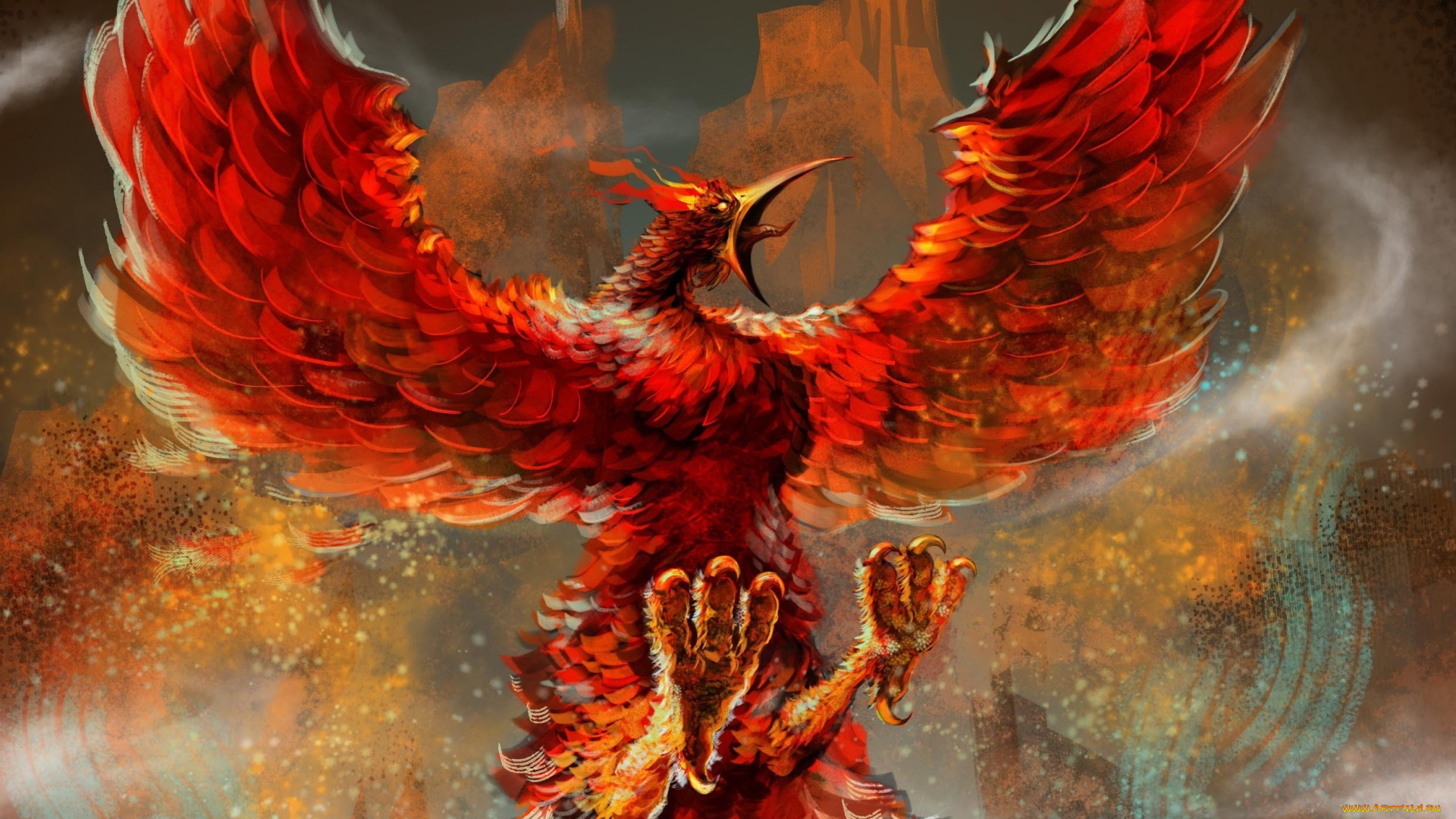 фэнтези, существа, крылья, огонь, клюв, феникс, жар, птица, пламя