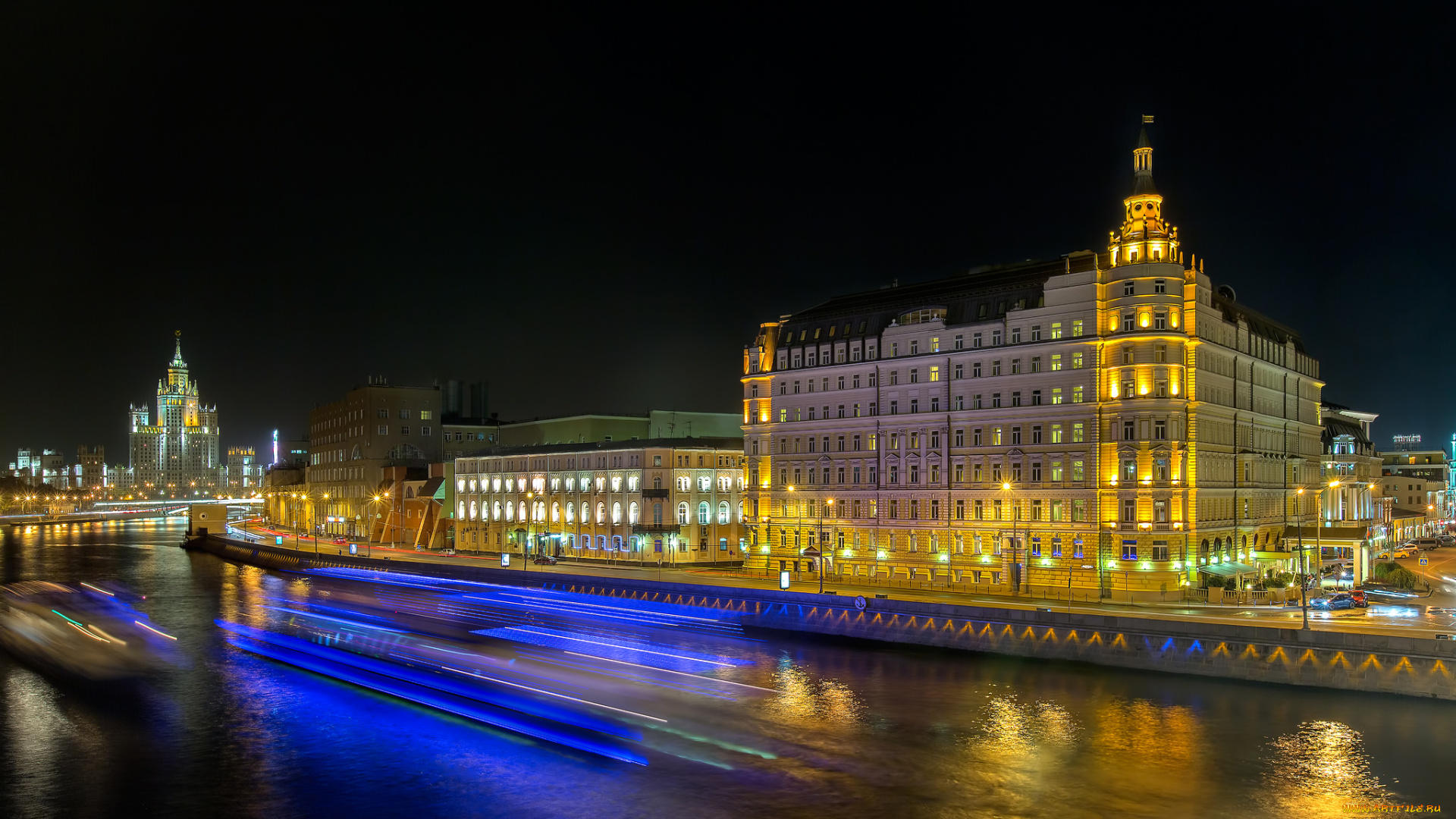 москва, города, москва, , россия, ночь, река, здания