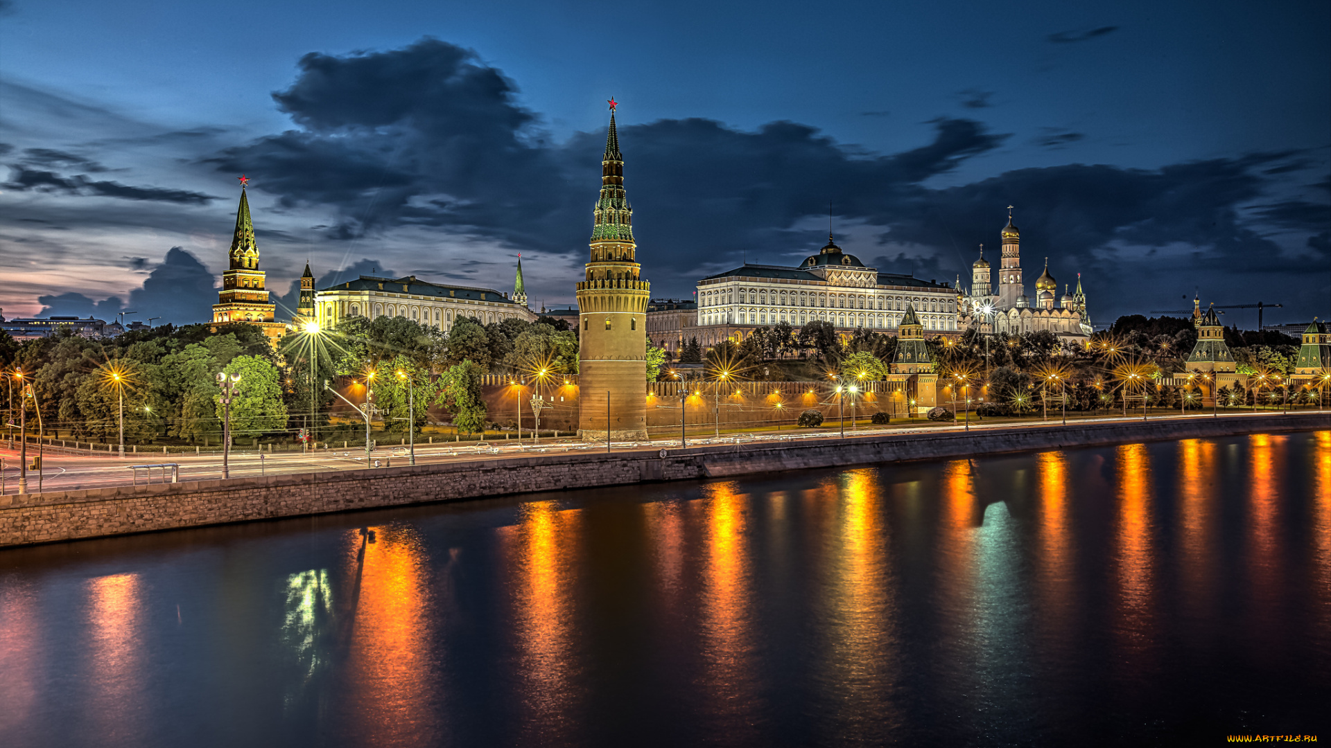 москва, города, москва, , россия, ночь, река, набережная