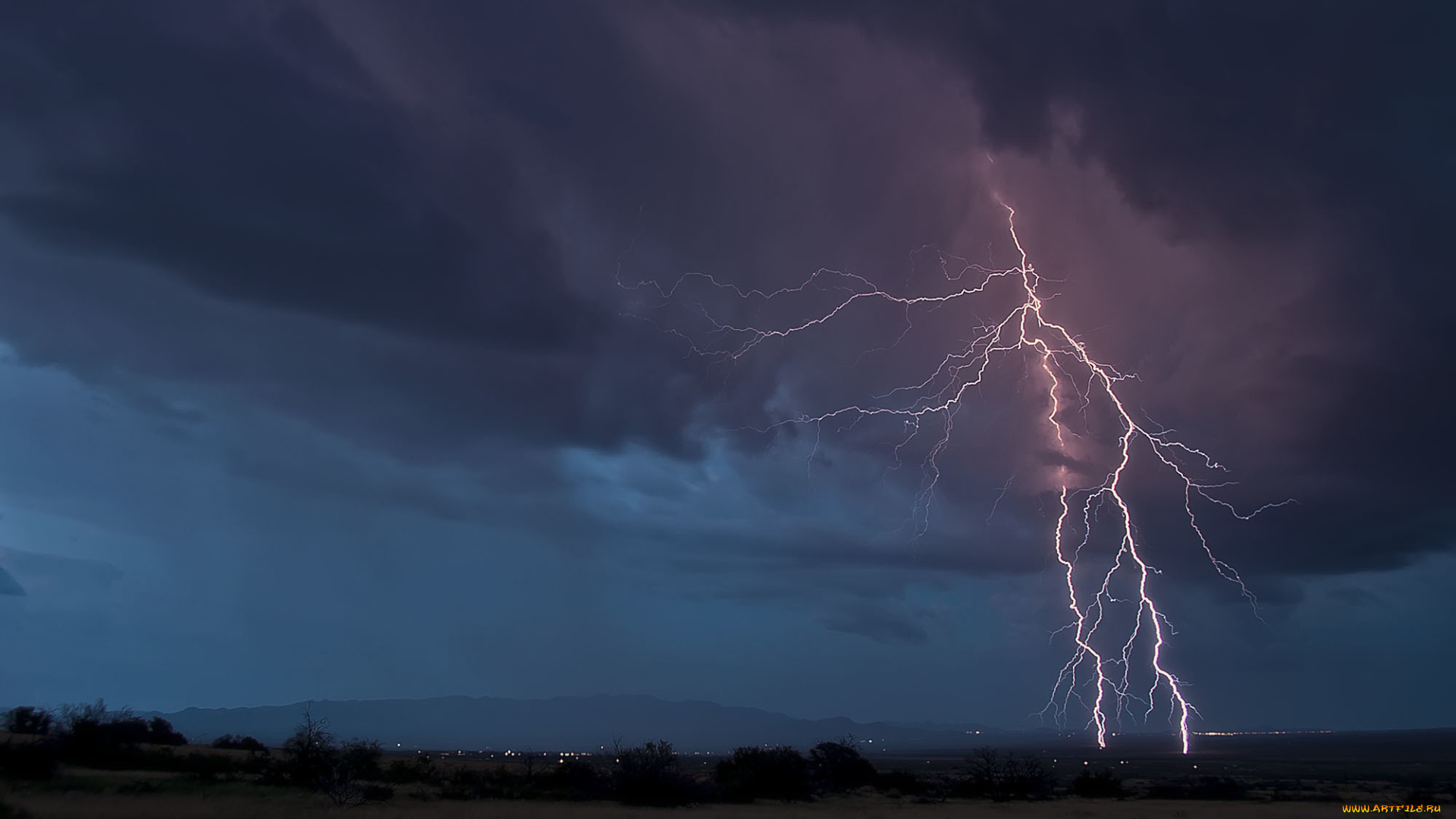 природа, молния, , гроза, вид, вечер, тучи