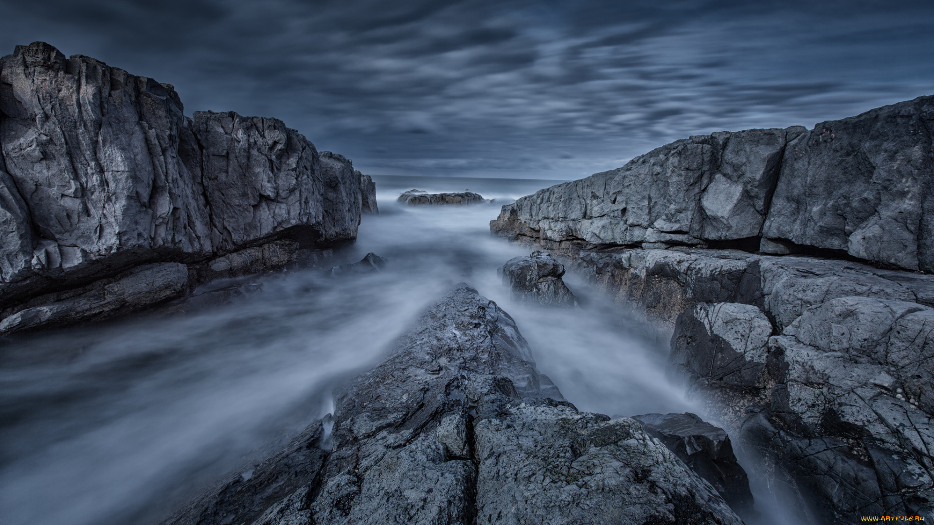 природа, побережье, берег, камни, вода, тучи, небо