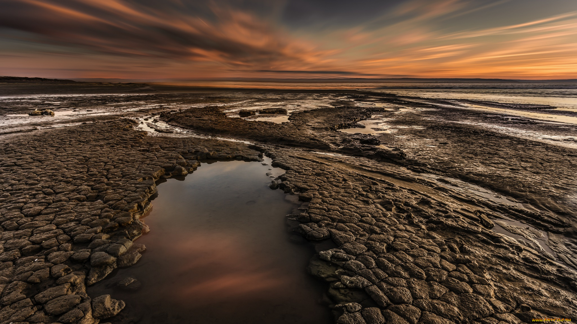 природа, побережье, берег, вода, небо, облака, закат