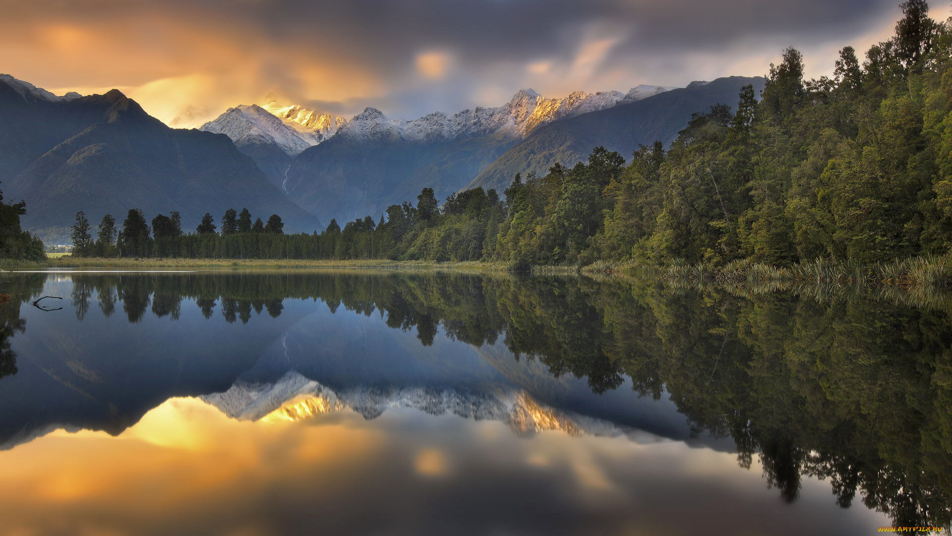 природа, реки, озера, озеро, мэтисон, закат, лес, отражение, новая, зеландия, южные, альпы, горы, пейзаж