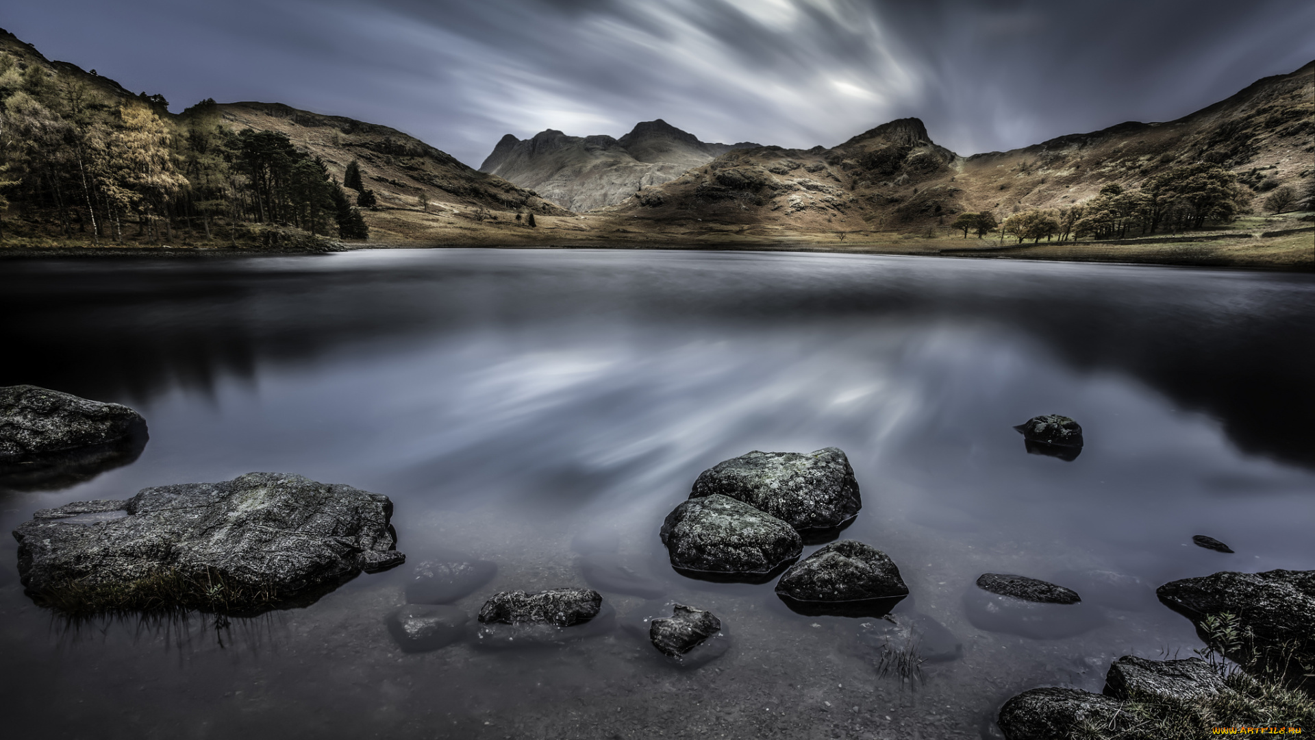 природа, реки, озера, озеро, вода, камни, горы, деревья, небо, облака