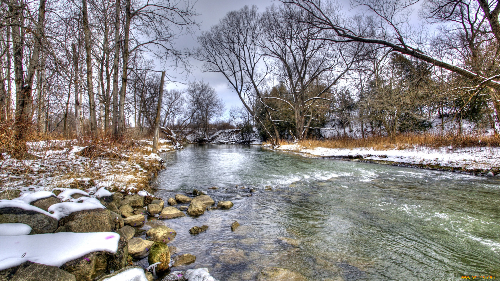 природа, реки, озера, winter, landscape, snow, зима, снег, река, берёзы, деревья