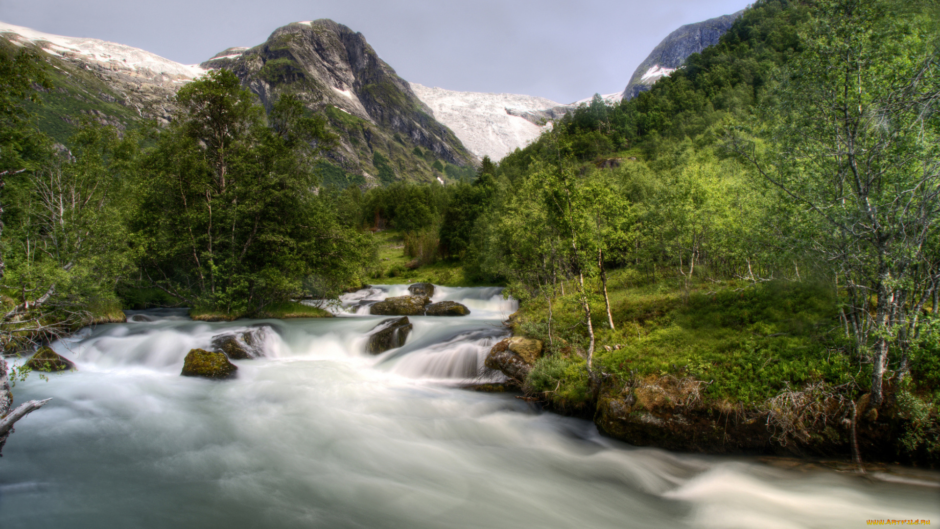 природа, реки, озера, зелень, растения, водопад, река, небо, гора